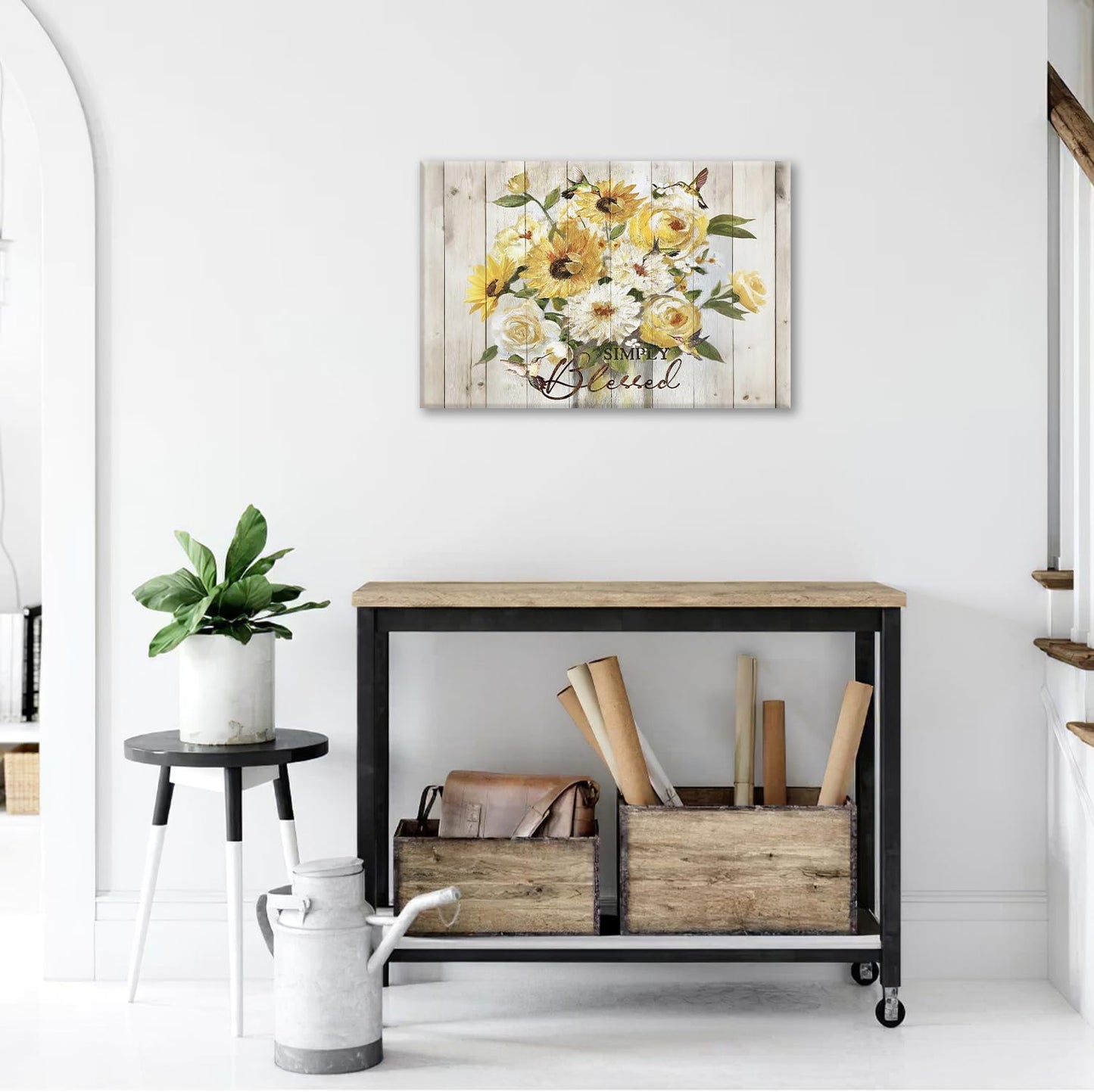 Sunflower Bathroom Pictures Wall Art, Simple Blessed Floral Bathroom Wall Decor, Flower Framed Painting Canvas Artwork for Bedroom Living Room Decorations 24"L x 16"W