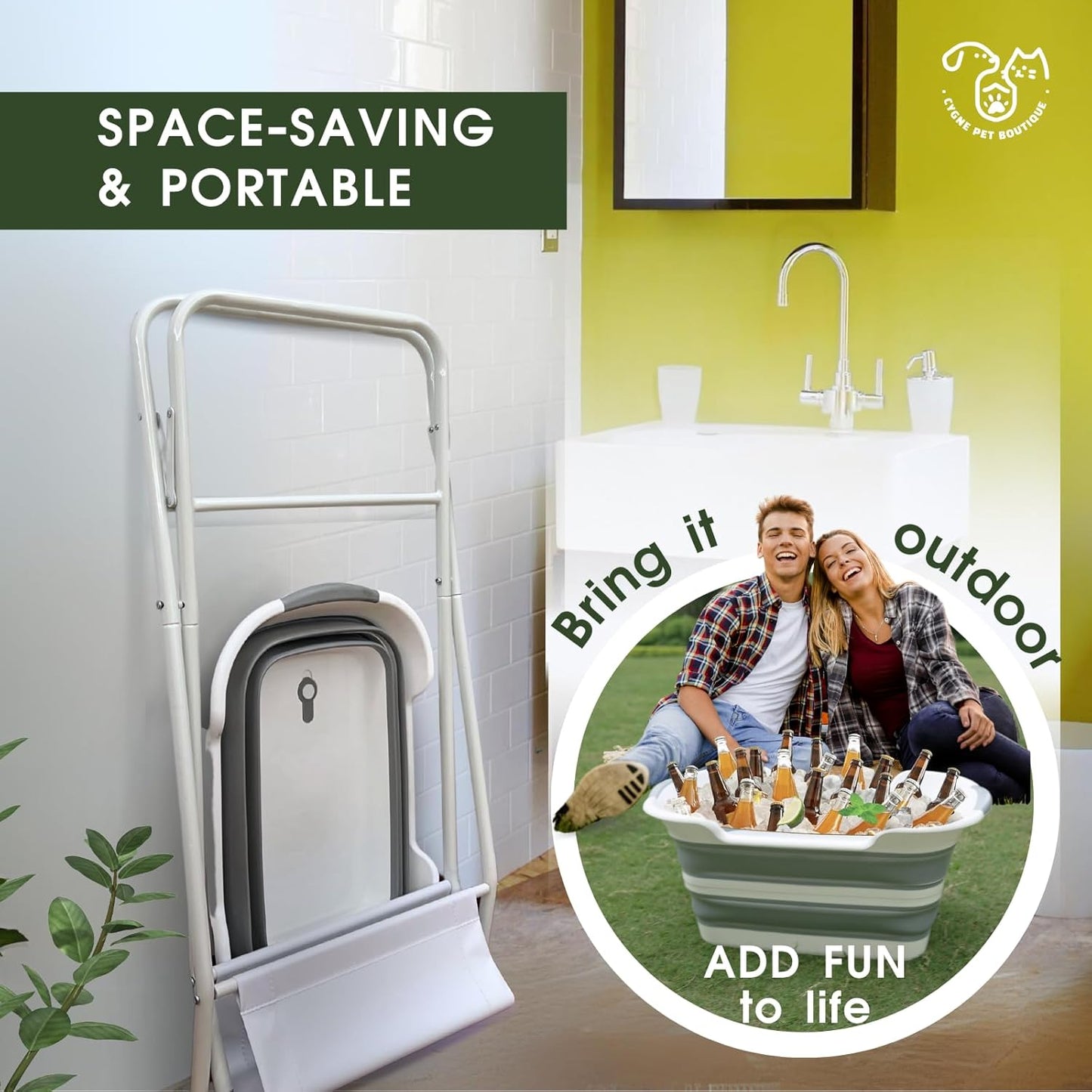 CYGNE 2-in-1 Dog Bathtub & Washing Station, Elevated Collapsible Bathtub with Drainhole & Storage Rack, Foldable Portable Indoor/Outdoor Pet Bathing & Grooming for Small Dogs Cats