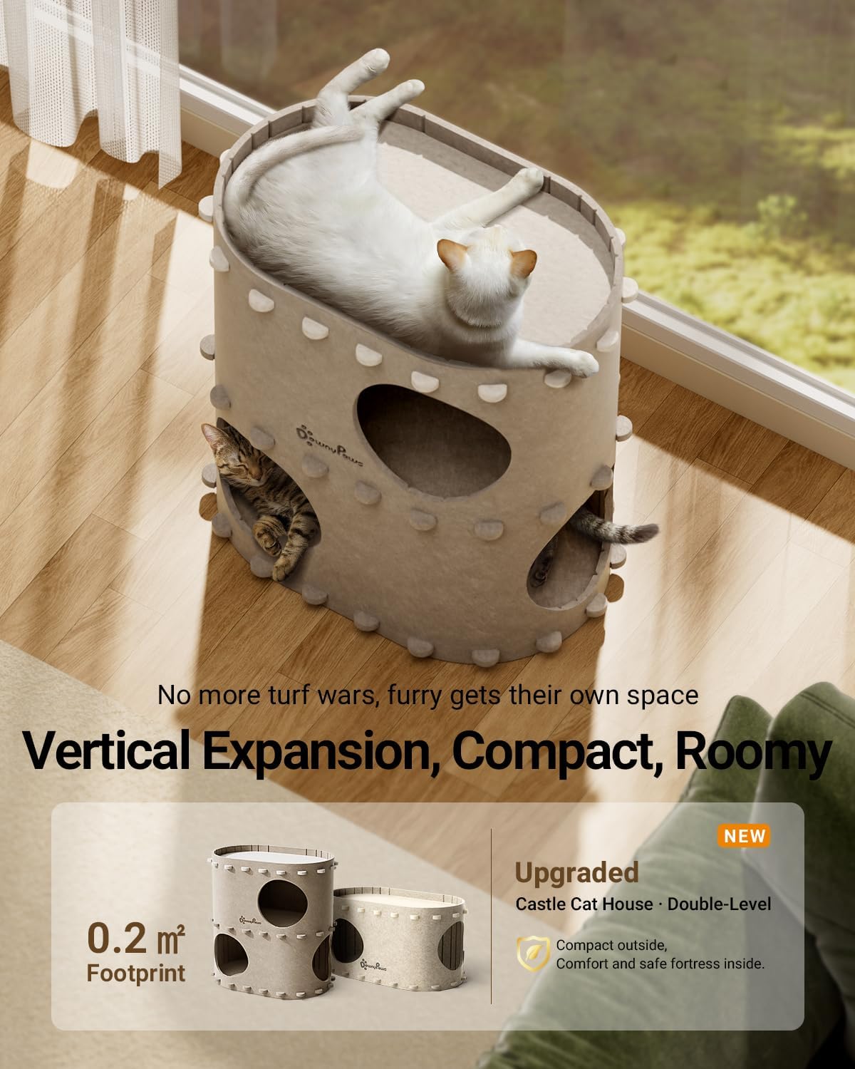 DownyPaws Cat House for Indoor Cats, 2-Storey Foldable Cat Bed Cave, Felt Cats Tunnel Bed Condo, Castle Kitten Cube Hideaway for Multicats, Scratch Resistant, Cream