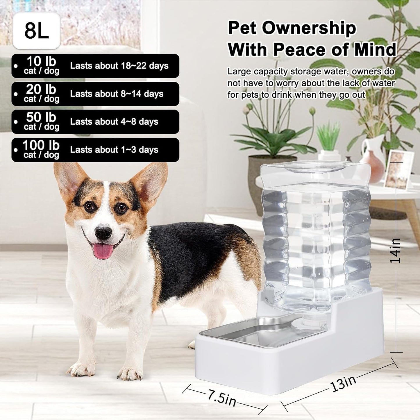 Automatic Dog and Cat Dispenser: 8L White Gravity Feeder with Stainless Steel Bowl - BPA-Free - No Spill Design for Cats and Dogs - Indoor and Outdoor Hydration