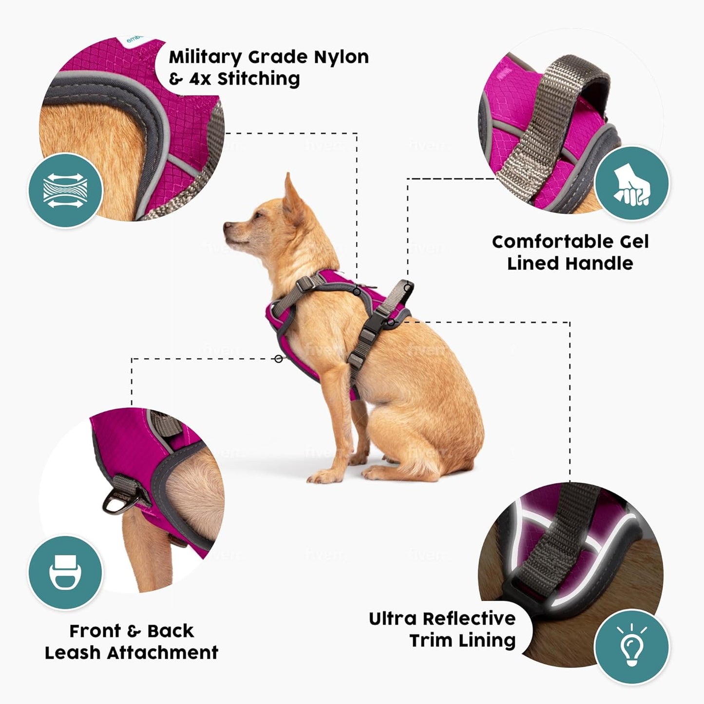 Embark Adventure Dog Harness, Reflective Trim No Pull Dog Harness for Large Dogs - Military Grade Nylon, Front Clip with Gel Lined Handle.