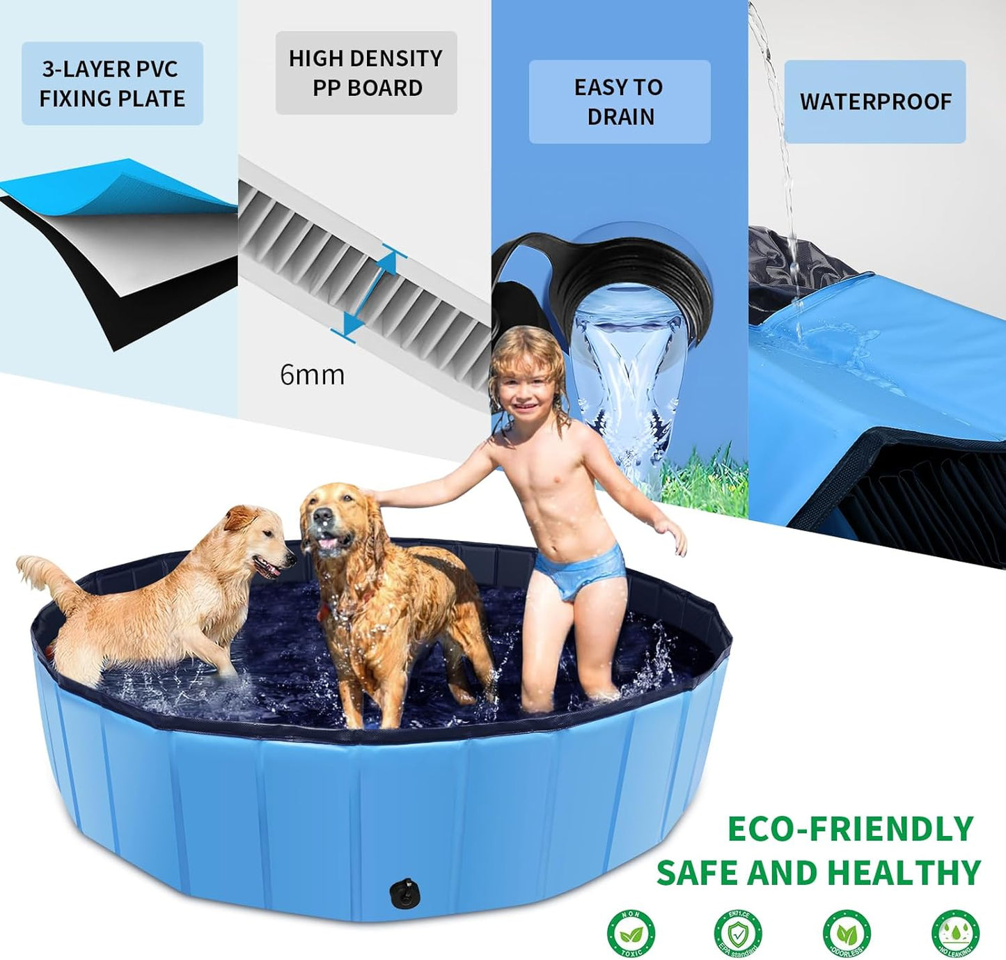 Foldable Dog Pool, 79" x 14" Large Kiddie Pool with Hard Plastic, Non-Slip Dog Bath Tub for Outdoor Backyard, Collapsible Dog Swimming Pool for Kids Dogs Pets (Blue)