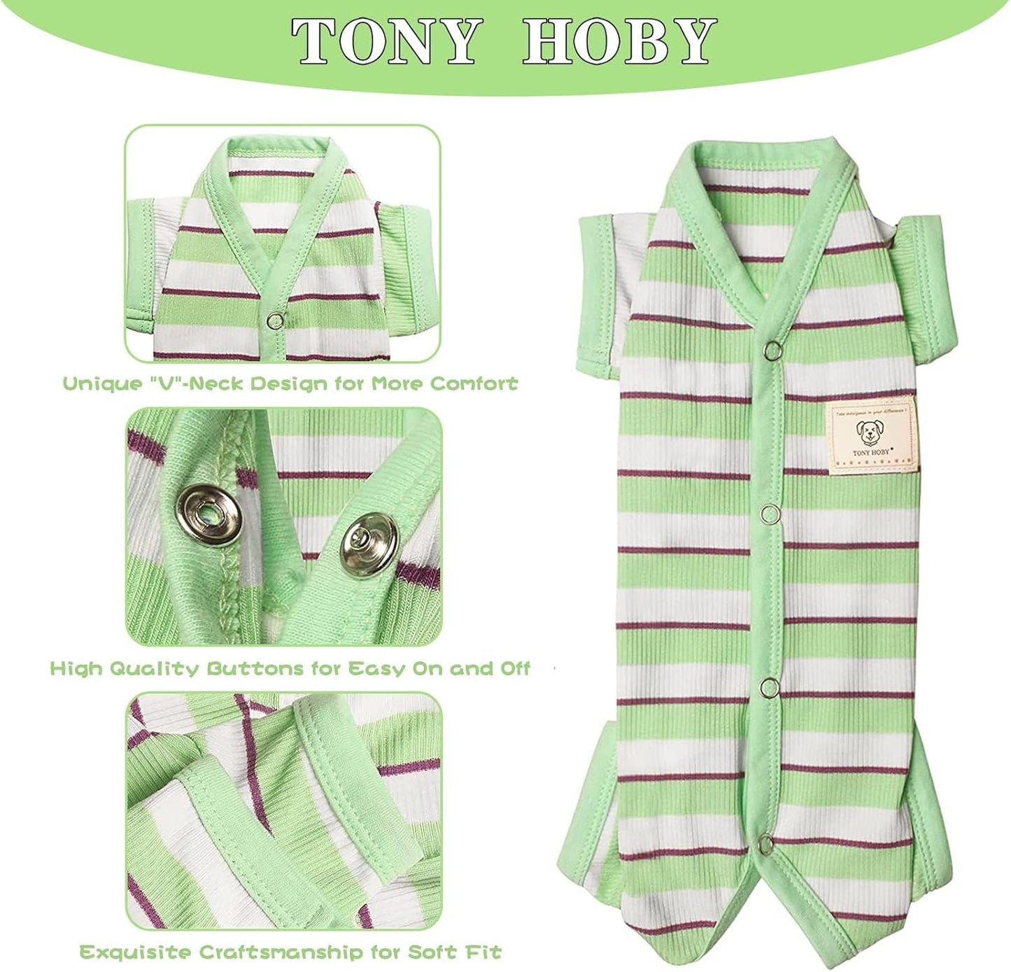 TONY HOBY Dog Pajamas, Male Dog Jumpsuit with Green Stripe, Dogs Clothes for Small Medium Size Dogs (Green&White, Boy, L)