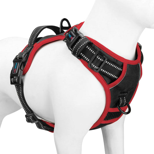 PHOEPET 2019 Upgraded No Pull Dog Harness, Reflective Adjustable Vest, with a Training Handle + 2 Metal Leash Hooks+ 3 Snap Buckles +4 Slide Buckles(XL, Black)