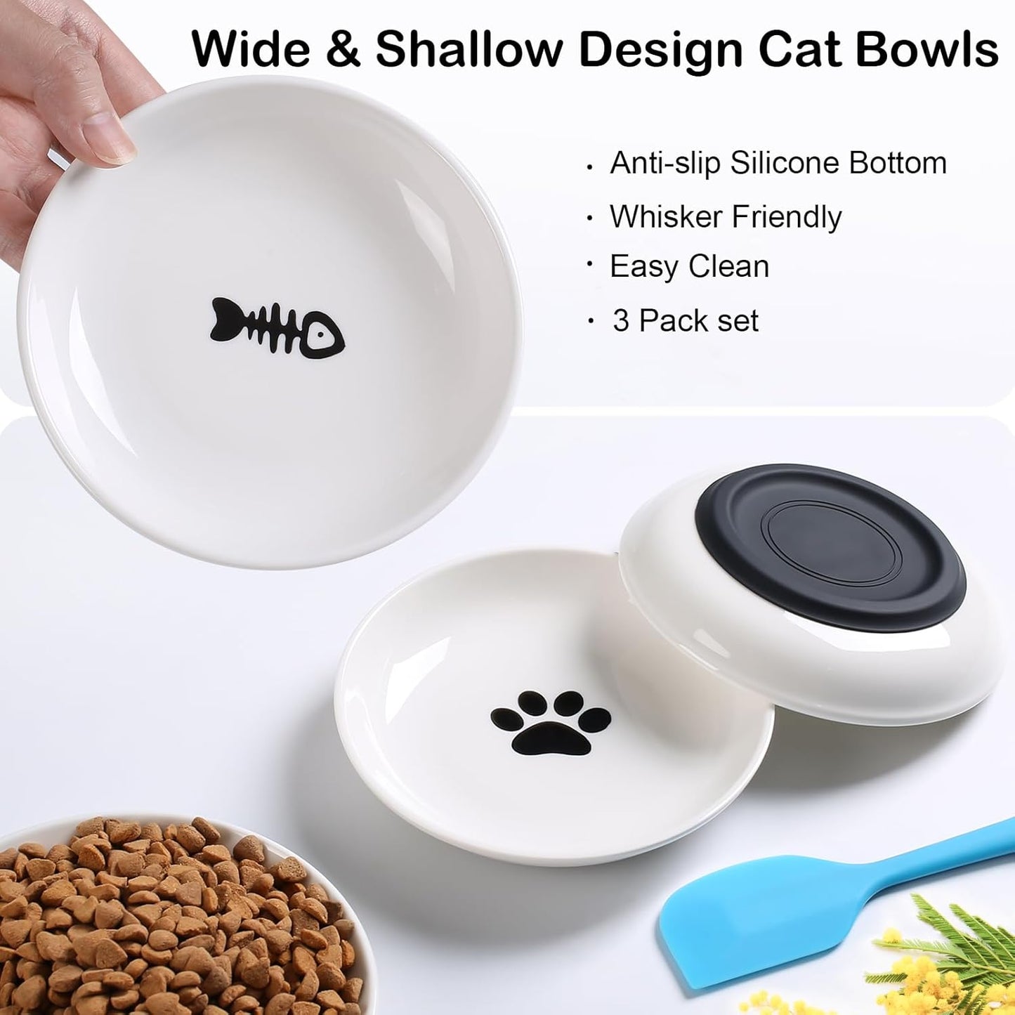 Cat Food Bowl,Healthy Ceramic Cat Bowls for Indoor Cats,Anti Whisker Fatigue Cats Dishes Set,Shallow Wide Kitten Plates for Food and Water,Non-Slip Silicone Bottom,6 Pack