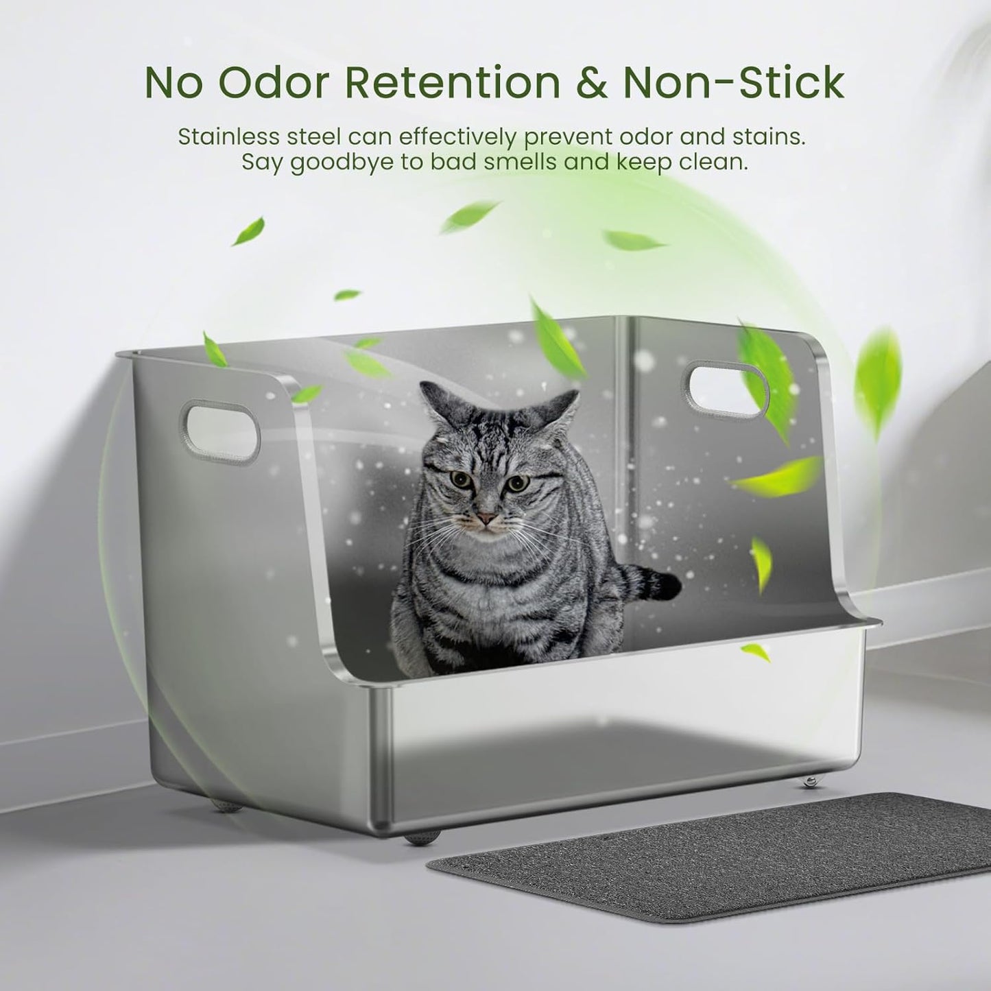One-Piece Stainless Steel Litter Box, 14.5" High-Side XL Metal Cat Litter Box, Extra Wide Entry Pet Toilet, Cat Litter Station with Wheels, Easy to Move, Non-Stick, No Odor, for Big or Multiple Cats