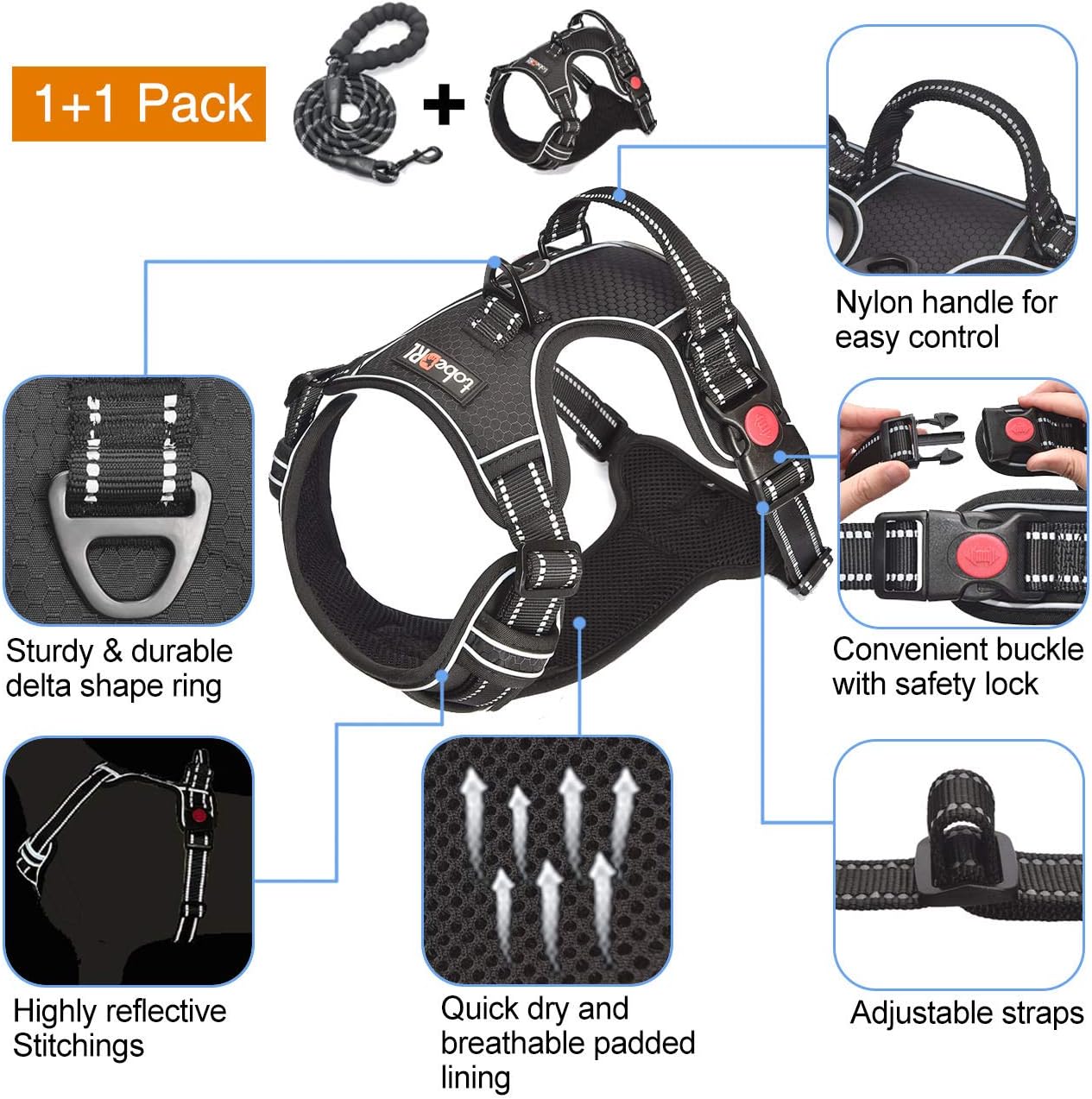 No Pull Dog Harness Adjustable Reflective Oxford Easy Control Medium Large Dog Harness with A Free Heavy Duty 5ft Dog Leash (L (Chest: 25.5"-31"), Black Harness+Leash)