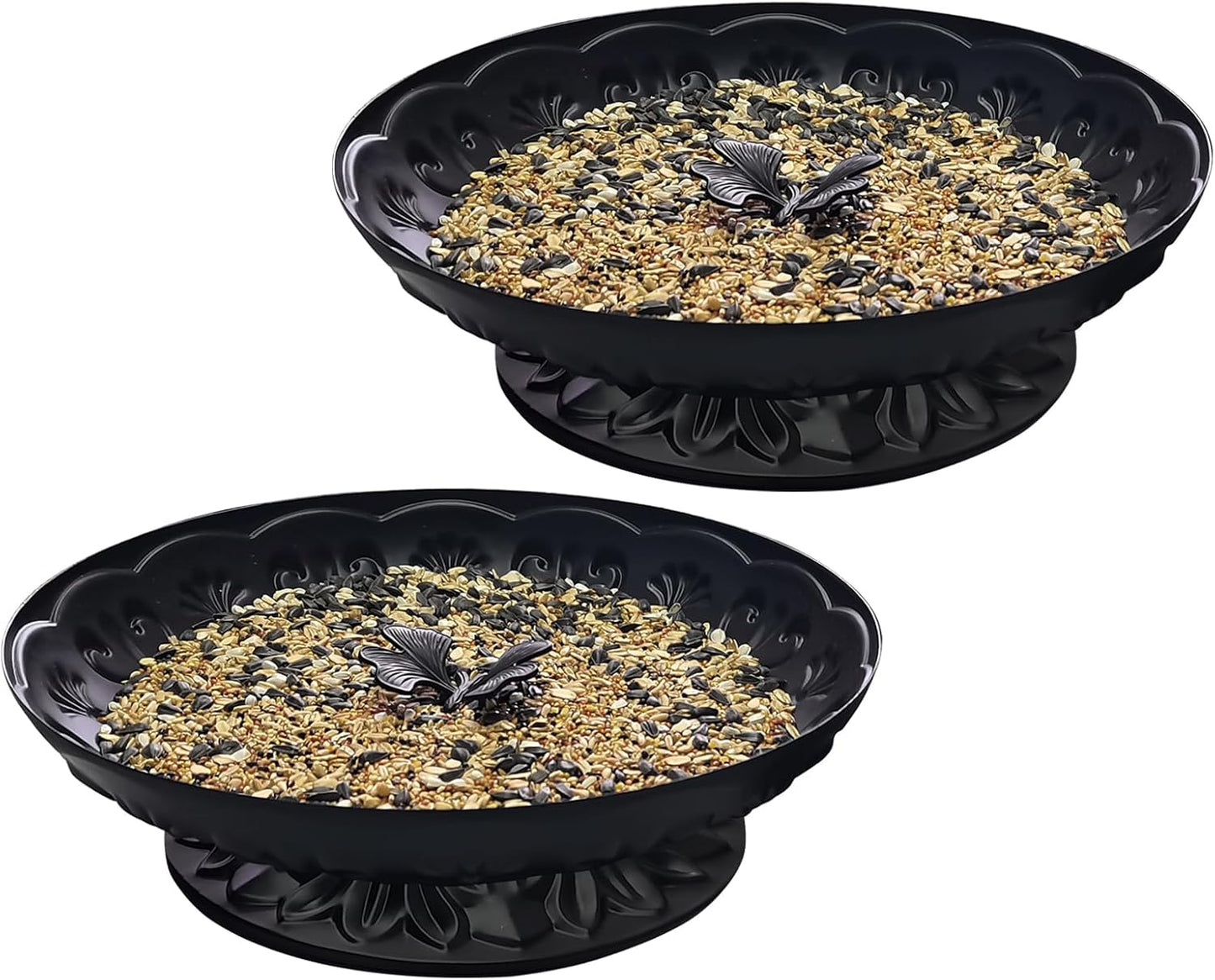 Ground Platform Bird Feeder Tray,11” Metal Large Standing Bird Feeder Mesh Seed Tray，for Outdoor Garden (Black-2 Pack)