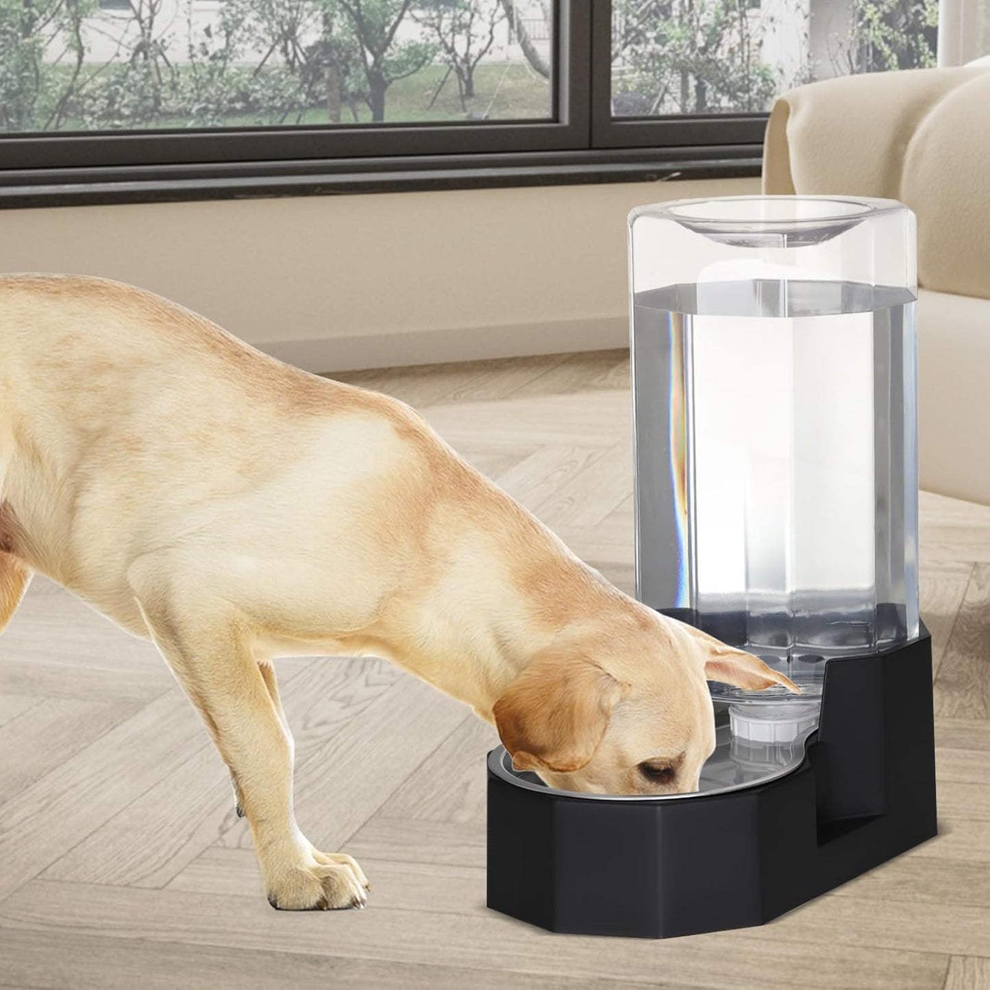 Sfozstra Large Dog Water Dispenser: 8L Automatic Black Water Feeder with Stainless Steel Bowl - Without Filter - Gravity Design for Multiple Pets Indoor/Outdoor