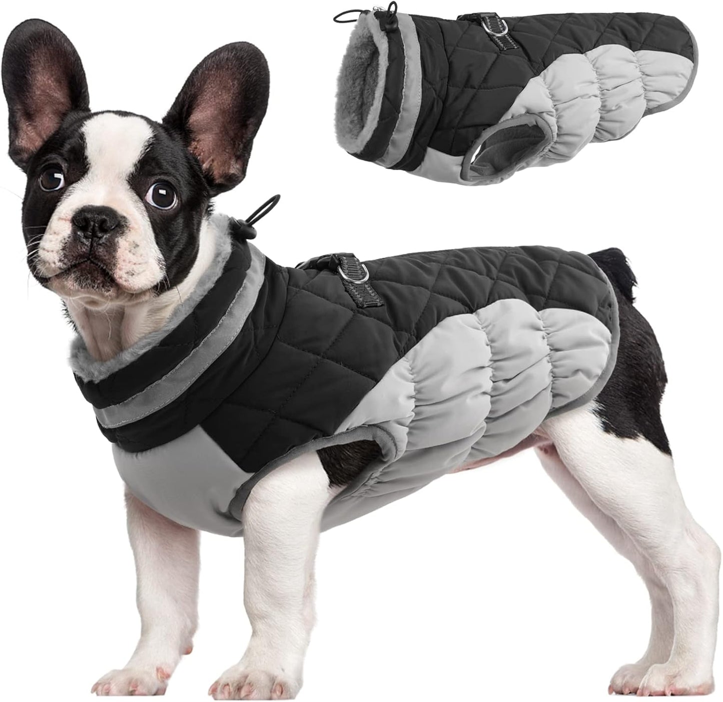 FUAMEY Dog Coat for Small Dogs,Waterproof Dog Winter Jacket with Harness Built in Puppy Cold Weather Coats Reflective Pet Vest with Zipper Warm Fleece Dogs Snowsuit Windproof Black XS