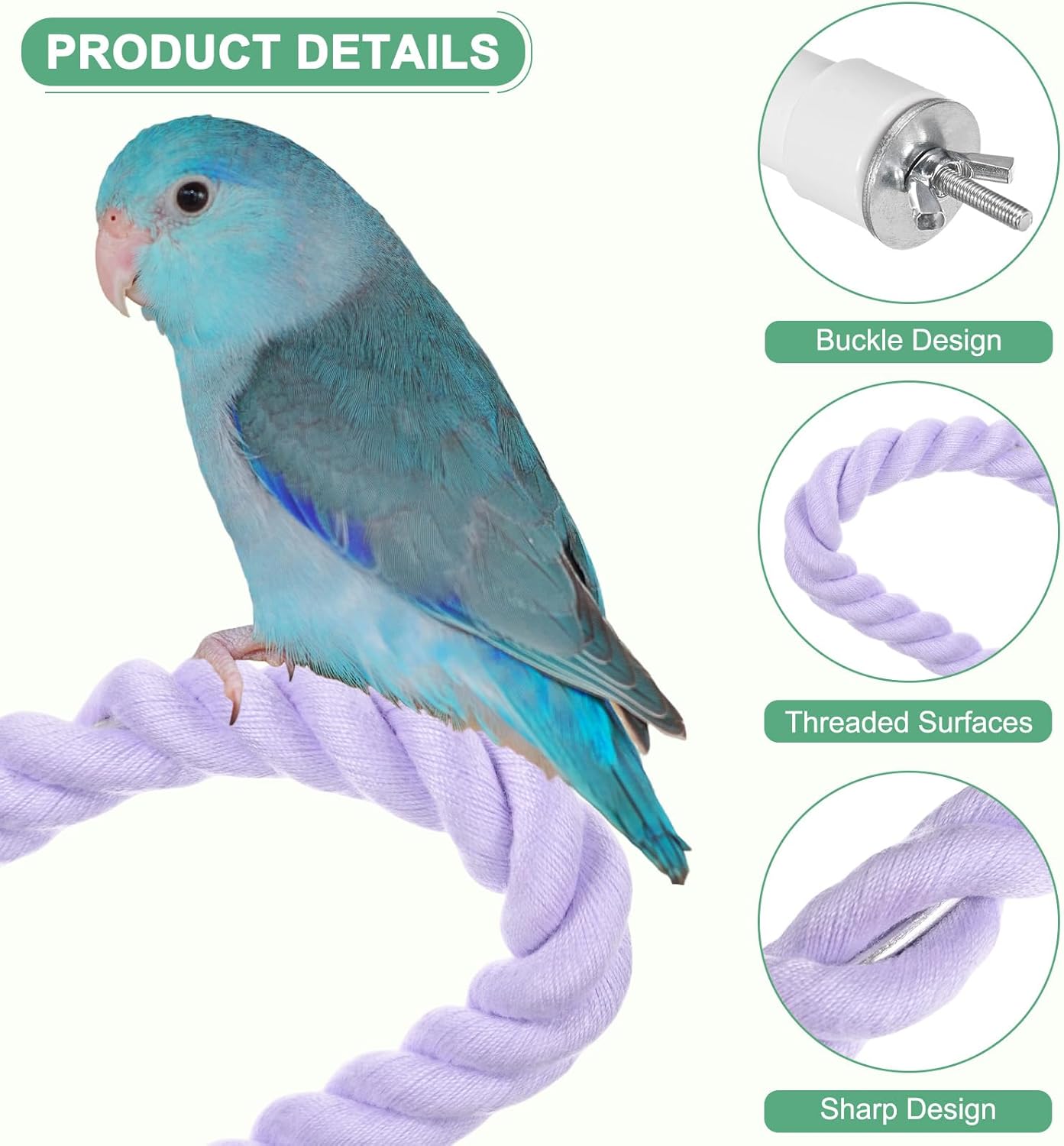 2-Pack Rope Perches for Bird Cages, 31.5 in Length Comfort Grip Flexible Rope Perch Beak & Paw Grinding for Parrots/Cockatiels/Parakeets, Bird Platform Sand [Purple]
