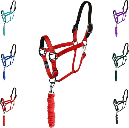 Majestic Ally Leather Halter with Matching Lead Rope for Horses – Leather Breakaway Crown - Adjustable Chin Strap – Rolled Throat Latch – Padded Noseband – Full (Red, Full)