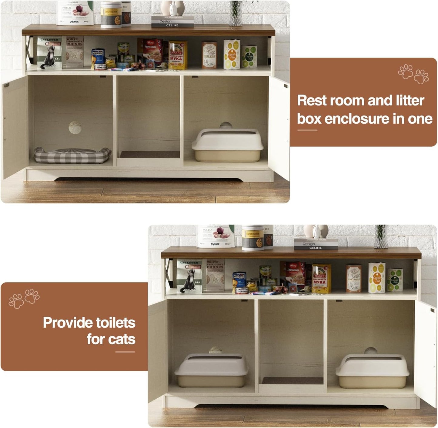 Cat Litter Box Enclosure for 2 Cats, 47" Double Hidden Litter Box Furniture with Scratch Pad, Farmhouse Indoor Litter Box Cabinet Cat Washroom, White