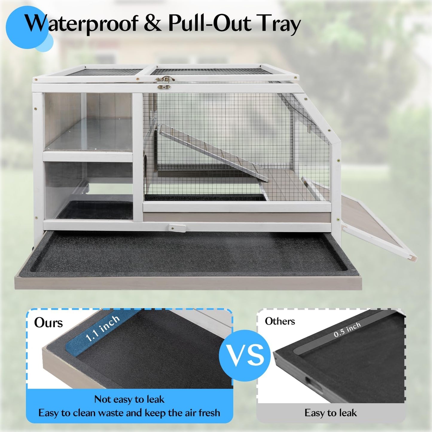 36''L Rabbit Hutch Outdoor with Casters and Run, Wooden Indoor 2 Story Guinea Pig Cage with Divider Panel, Pull Out Tray, Rabbit Duck Bunny House for Small to Medium Animals and Pet Lover, Gray