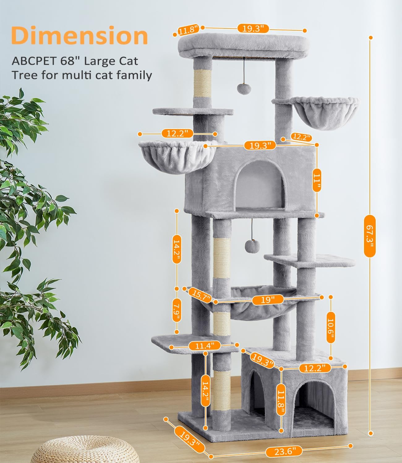 Cat Tree Large Cat Tower Tree 68" Multi-Level Cat Tower for Indoor Cats with Sisal Scratching Posts, Widen Cat Perche, Square Hammock, 2 Widen Condos, Scratching Posts, Light Grey