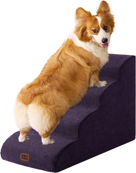 EHEYCIGA Curved Dog Stairs Ramp for High Beds 19.7" H, 4-Step Dog Steps for Small Dogs and Cats, Pet Stairs for High Bed Climbing, Non-Slip Balanced Pet Step Indoor, Purple