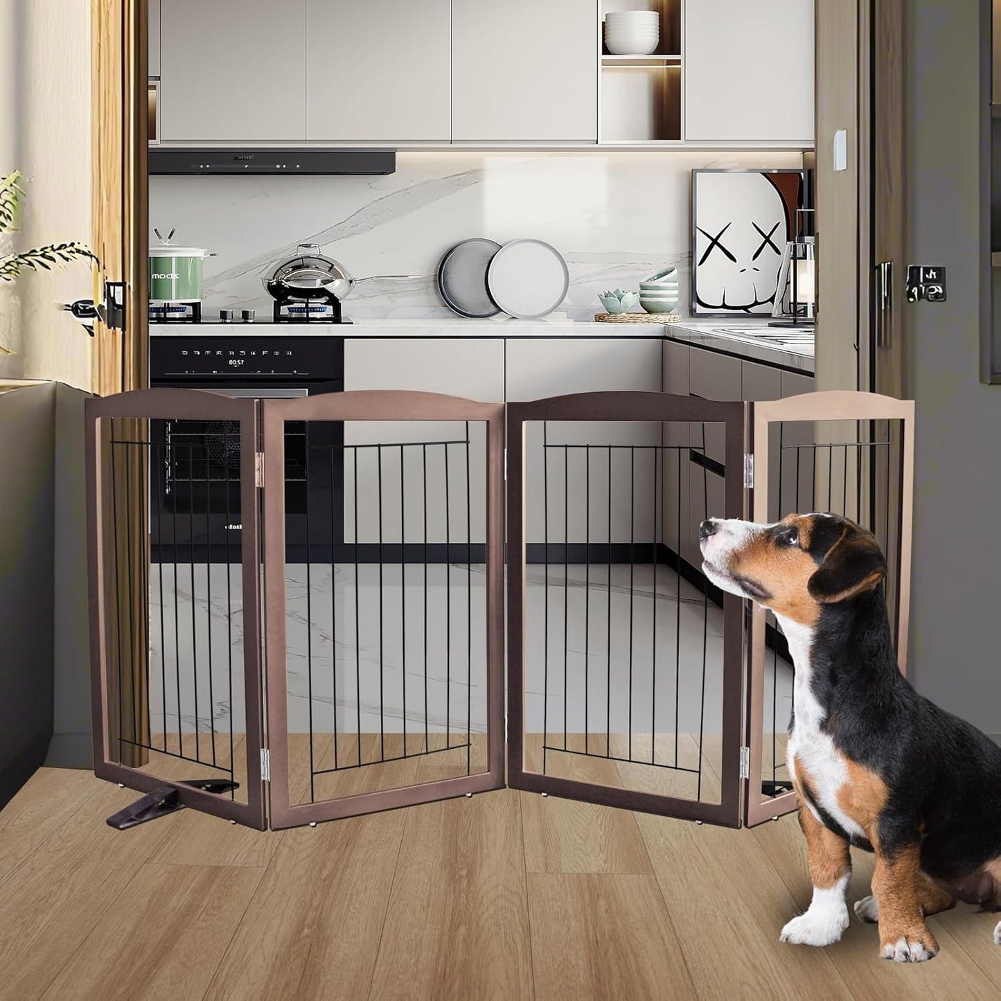 ZJSF Freestanding Dog Fence Indoor, Foldable Dog Gate for Doorways, Stairs or Hallways, Sturdy Wood Extra Wide Pet Gate with Support Feet for The House, Brown, 32 "Height-4 Panels