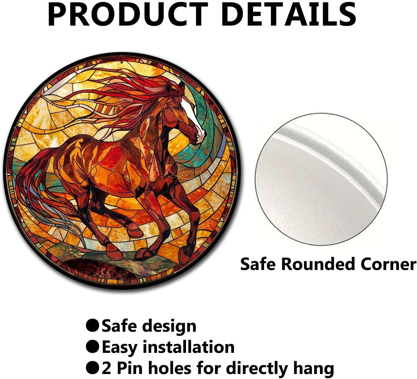 Lygond Metal Sign Tin Sign Circular Stained Glass American Mustang Bar Signs for Home Decor for Garden 12×12 Inches