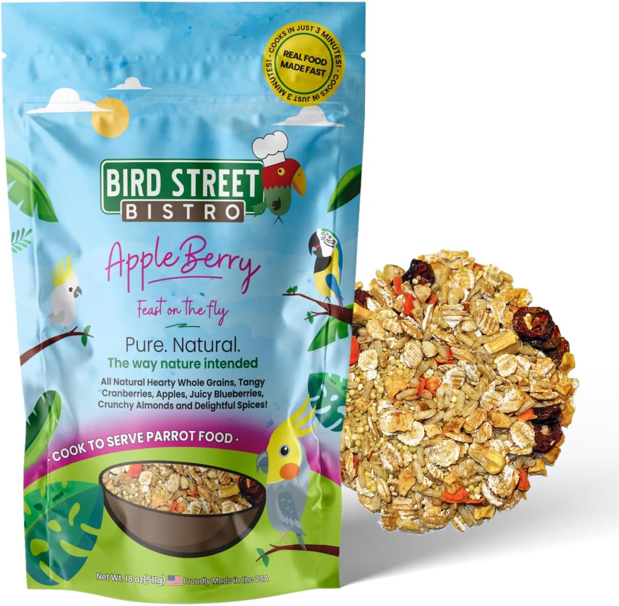 Parrot Food - Parakeet & Cockatiel Food - Cooks in 3-15 min with Natural & Organic Grains, Legumes, Non-GMO Fruits, Vegetables & Health Spices