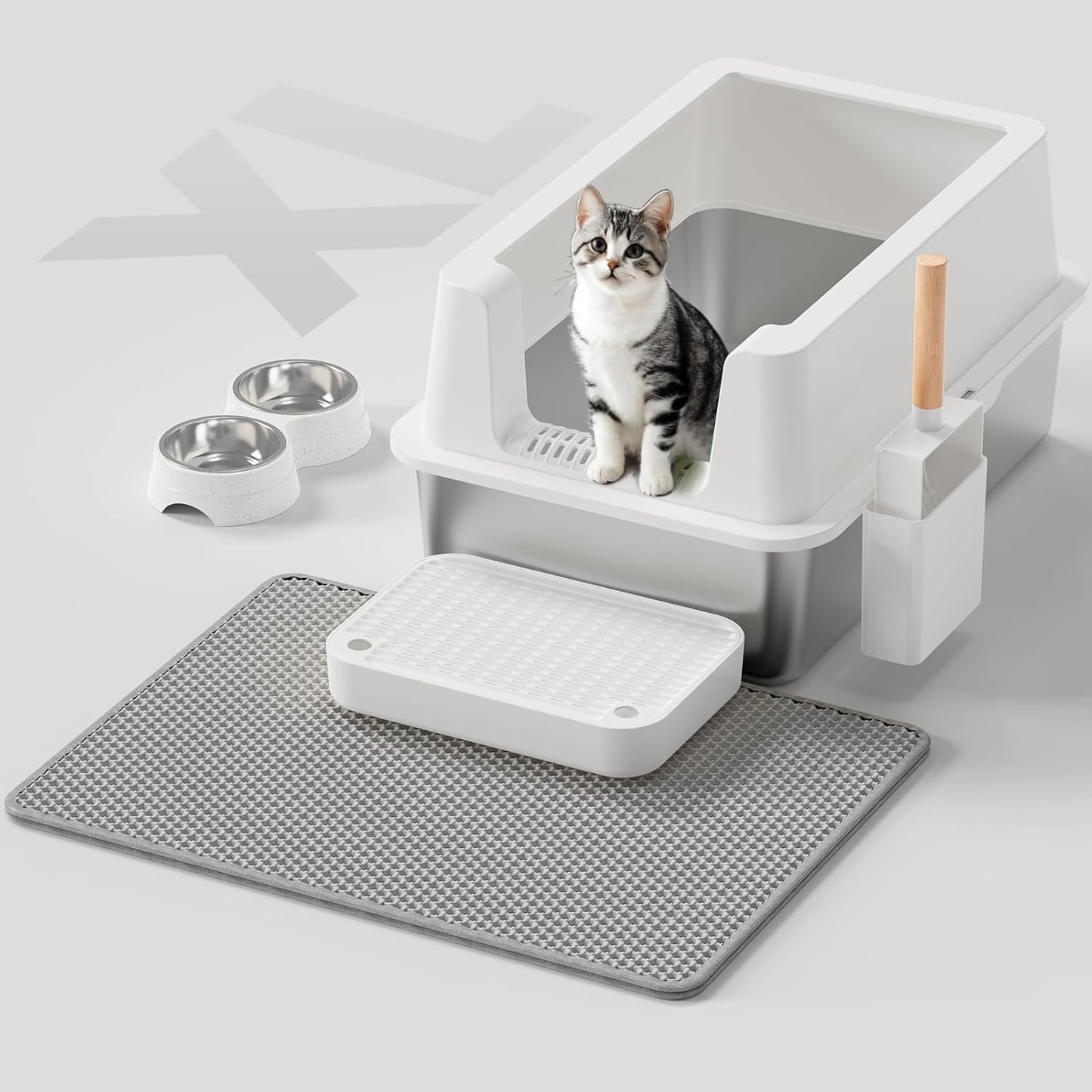 Stainless Steel Cat Litter Box - Enclosed XL Metal Kitty Litter Box with Lid for Big Cats, High Sided, Anti-Leakage, Easy Cleaning, Non-Sticky, Included Litter Mat, Cat Bowl & Spoon