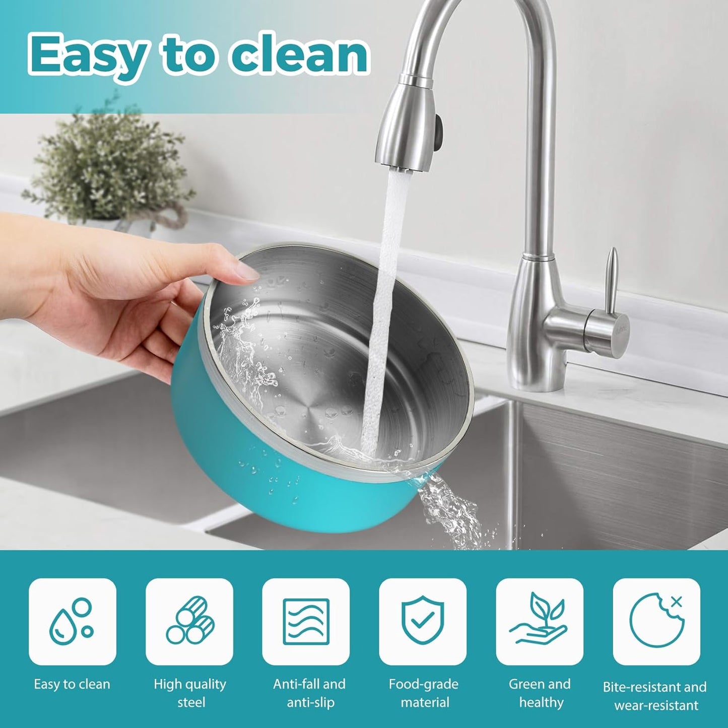 Stainless Steel Dog Bowl - Metal Water and Food Dish for Large Dogs, Insulated, Non-Slip, Easy Clean, 64oz, LakeBlue