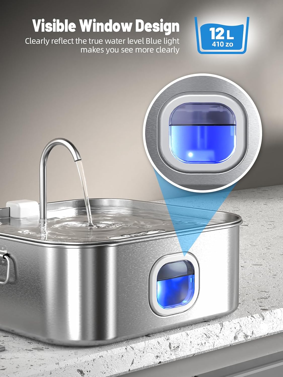 Dog Water Fountain Stainless Steel, 410oz/3.2Gal/12L Large Pet Water Fountain for Large Dog, Dog Water Bowl Dispenser with Water Level Window & LED Indicator, Super Quiet, with 6 Packs Filters