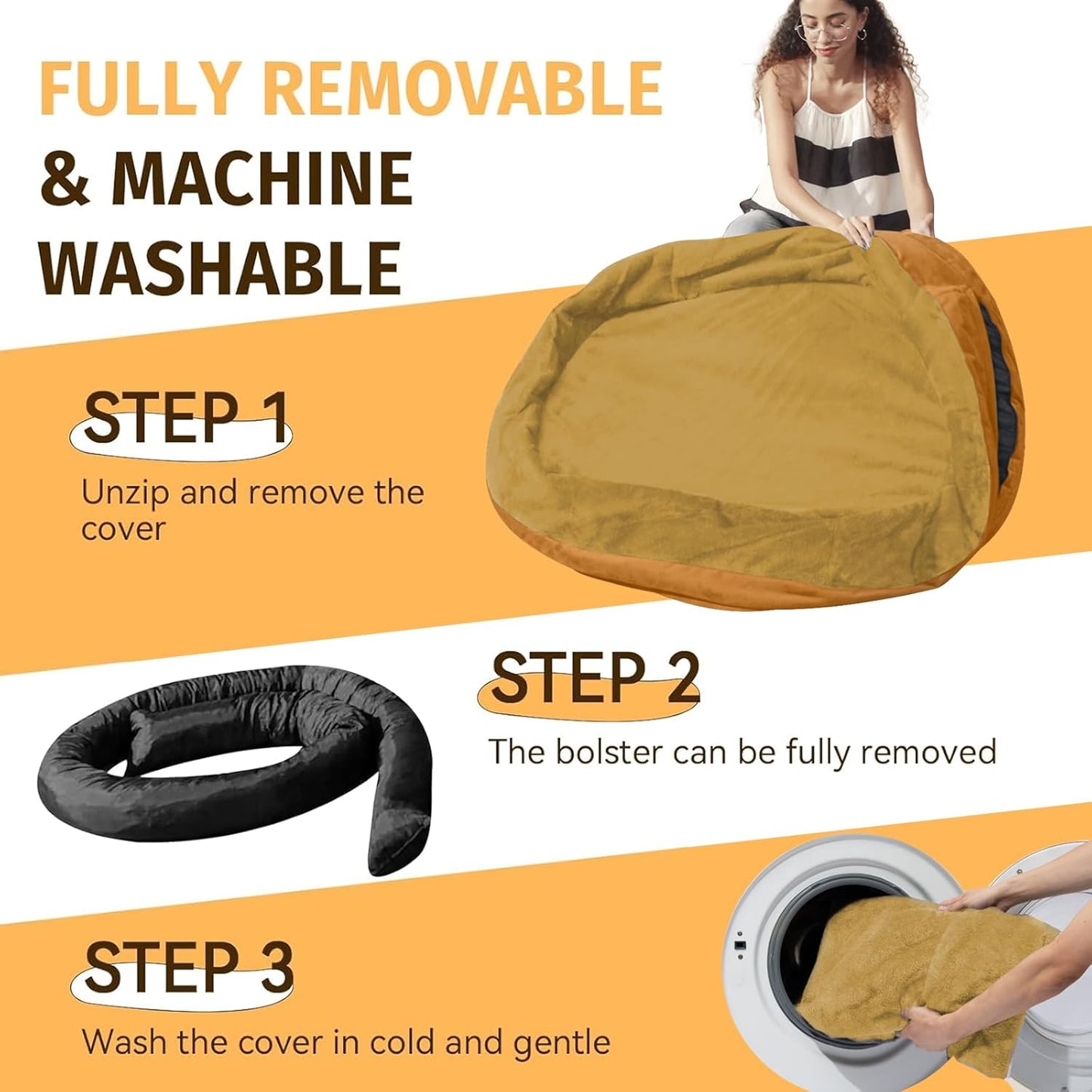 Orthopedic Waterproof Large Dog Bed: Memory Foam Washable Dog Bed with Bolsters - XL Removable Washable Cover for Medium Large Sized Pet - Non-Slip Bottom - Orange