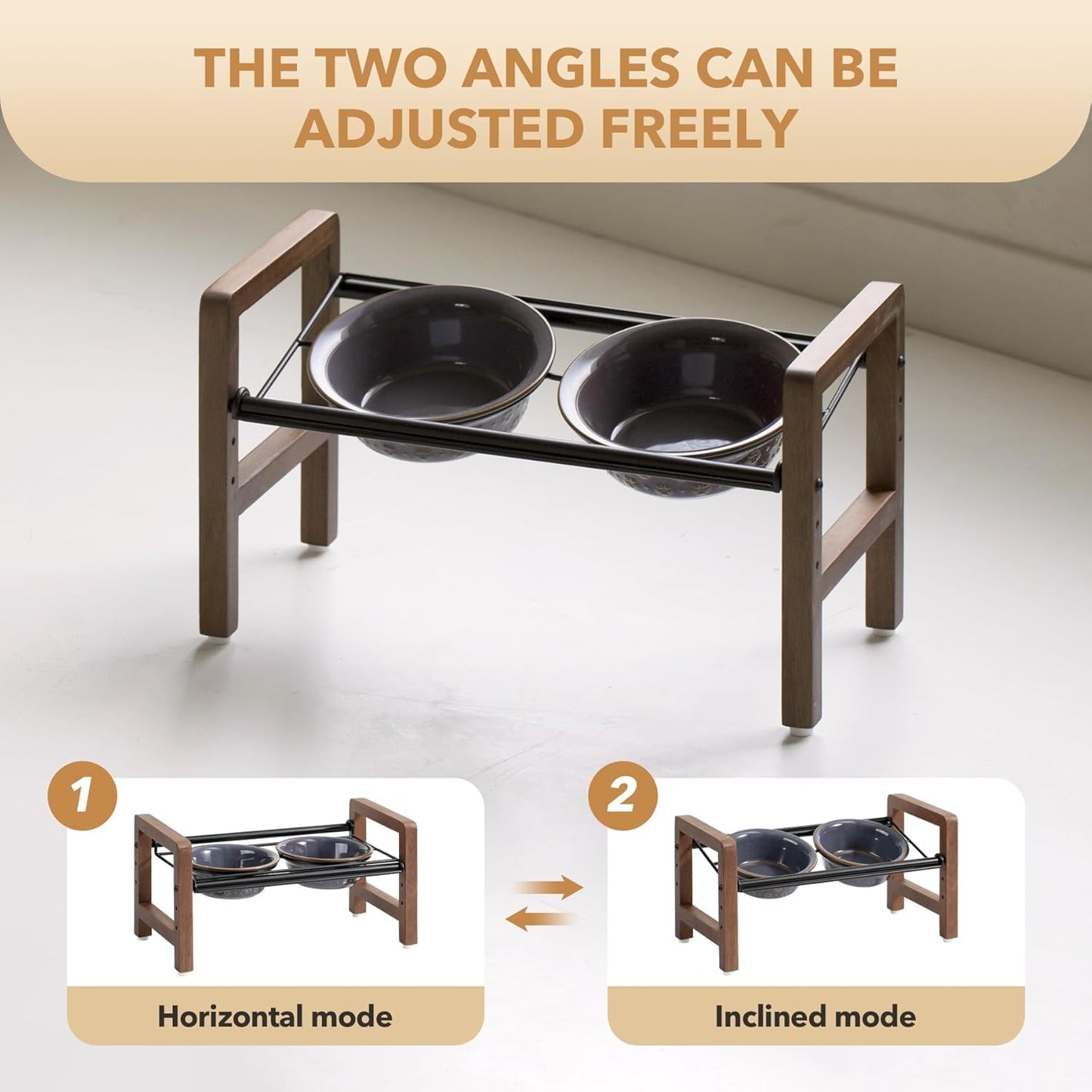 6.3inch Ceramic Adjustable Raised Double Bowls Set with Stand, 3 Heights Elevated, 2 Placement Options,Food and Water Bowls for Adult Cat Small and Medium Dog(Reactived Glaze -Grey)