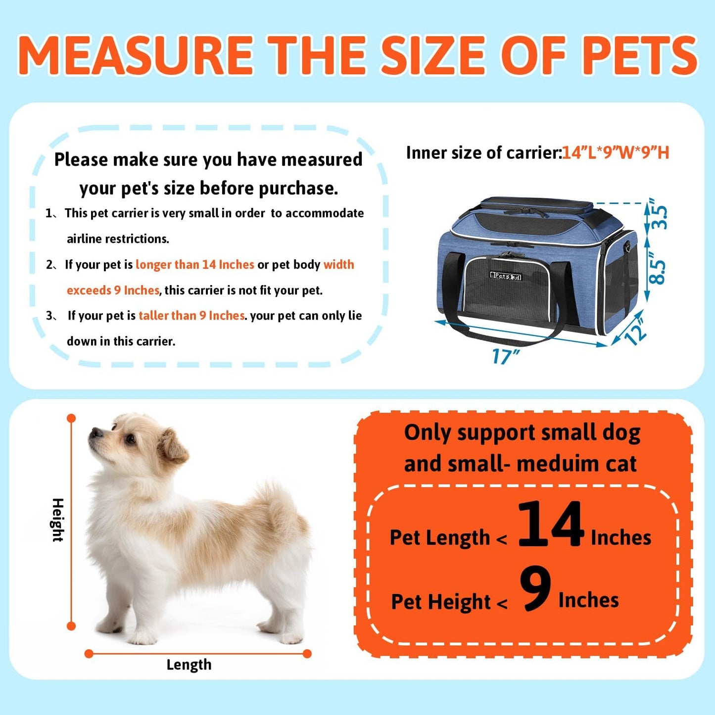 Petskd Top-Expandable Pet Carrier 17x12x8.5 Inches JetBlue Allegiant Spirit Airline Approved, Soft-Sided Carrier for Small Cats and Dogs with Locking Safety Zippers and Anti-Scratch Mesh(Blue)