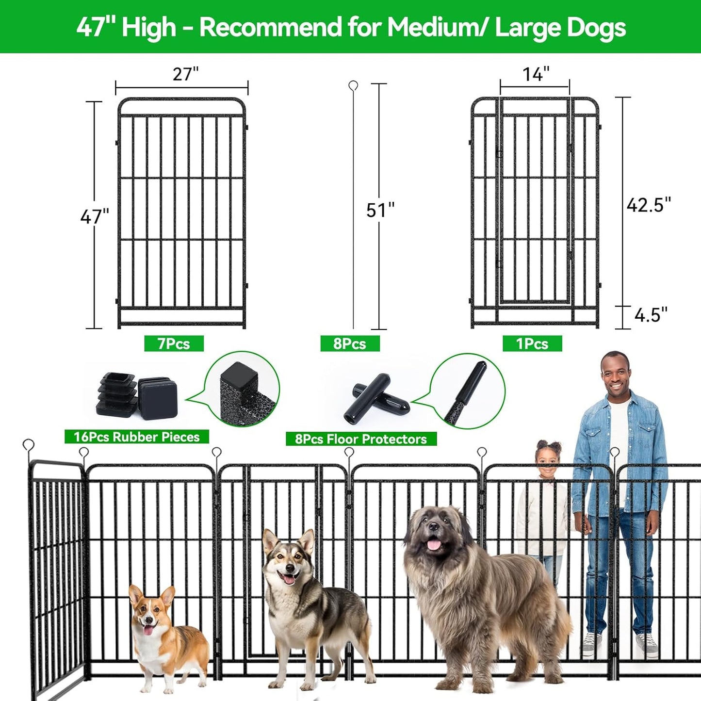Dog Playpen Outdoor 8 Panels Heavy Duty Dog Fence 47" Height with Thick Pipe Anti-Rust with Doors Portable for RV Camping Yard, Total 18FT, 25 Sq.ft, Snowy Black