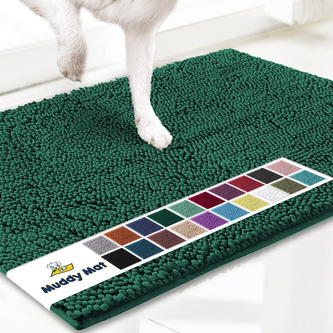 Muddy Mat® AS-SEEN-ON-TV Highly Absorbent Microfiber Door Mat and Pet Rug, Non Slip Thick Washable Area and Bath Mat Soft Chenille for Kitchen Bedroom Indoor and Outdoor - Dark Green 24" x 120"