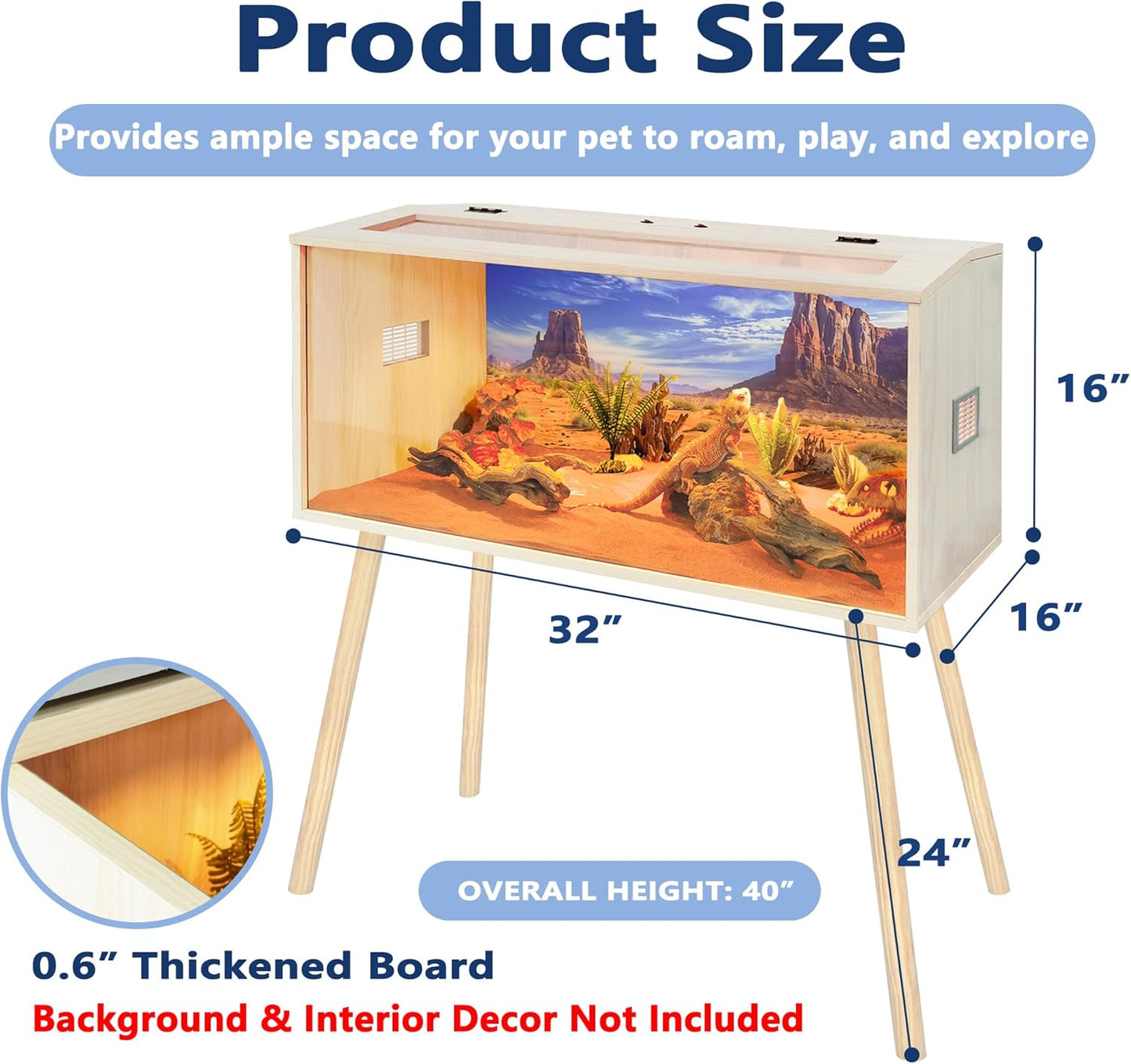 Prolee Reptile Terrarium, Lizard Tank Up to 68 Gallons, Bearded Dragon Tank with Roof Door, Snake Tank with Built-in Lamp Fixture and Switch, with Leg Stand (Oak, 28 Gallons, 32" Length)