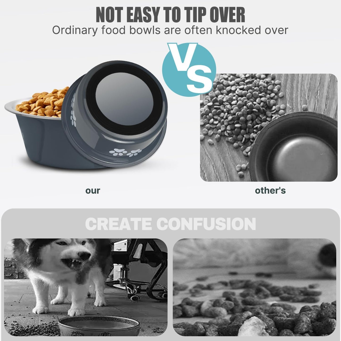 Stainless Steel Dog Bowls, Nonslip Rubber Bottom No Spill Proof Skid Metal Insulated Dog Bowls for Large Medium Small Breed Dogs (Grey, 6.6 Cups/53 OZ)