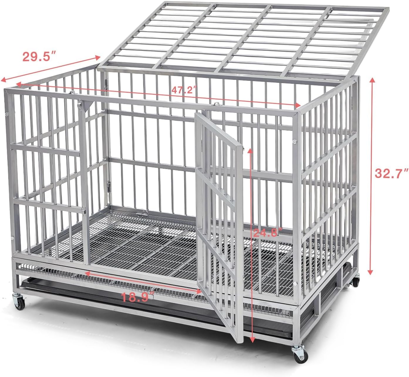 Heavy Duty Indestructible XL Dog Crate Steel Escape Proof, Indoor Double Door High Anxiety Cage (48-Inch-Silver)