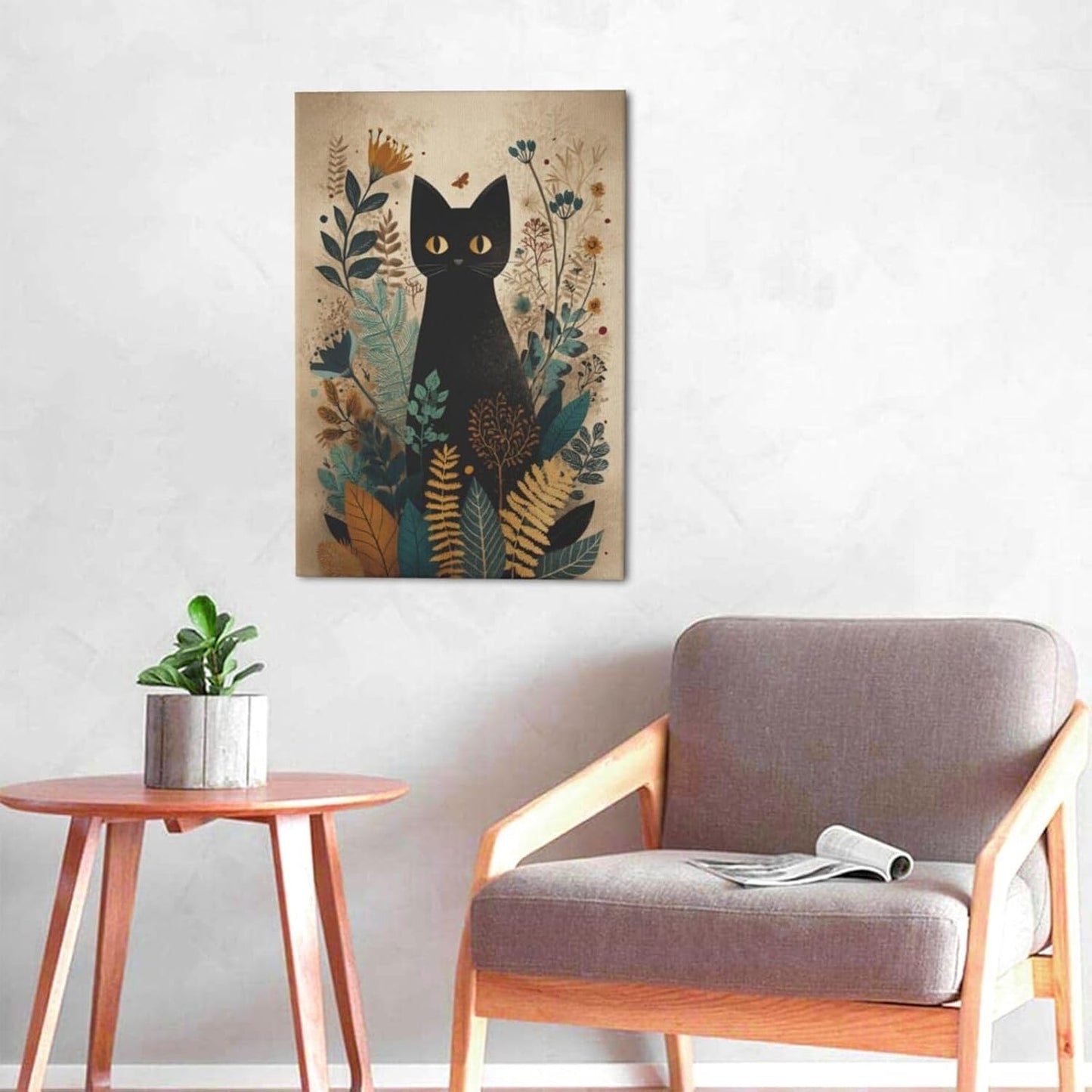 Boho Black Cat Wall Art Kitten Botanical Wall Decor Mid Century Modern Canvas Painting Print Minimalist Pictures Artwork Framed Decorations Gifts for Cat Lover Bathroom Nursery Living Room Bedroom Kitchen 16"x24"