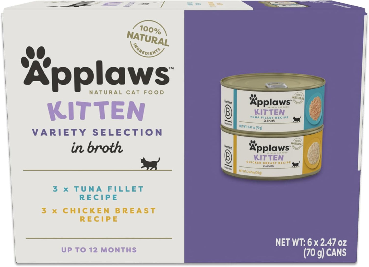 Applaws Natural Wet Kitten Food in Broth, Limited Ingredient, No Additives, Kitten Food Variety Pack in Broth (6 x 2.47oz Cans)