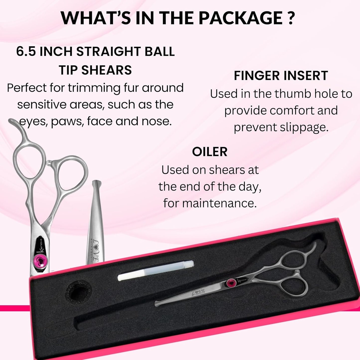 Kenchii Love Dog Grooming Scissors, 6.5 Inch Straight Balltip Shears, Dog Scissors for Grooming, Professional Pet Grooming Scissors, Safety Round Tip Shears