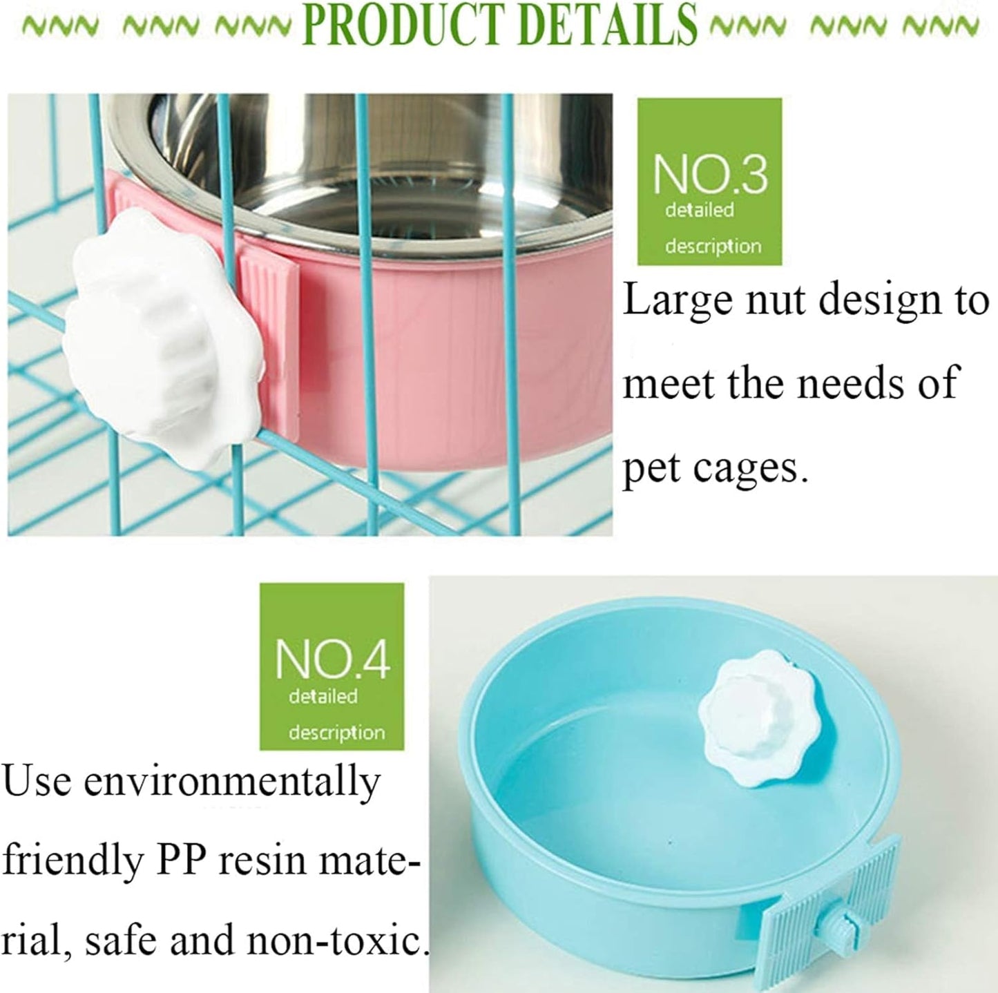 kathson Crate Dog Bowl, Removable Stainless Steel Hanging Pet Cage Bowl Food & Water Feeder Coop Cup for Cat, Puppy, Birds, Rats, Guinea Pigs 3pcs Large(Blue,Green,Pink)