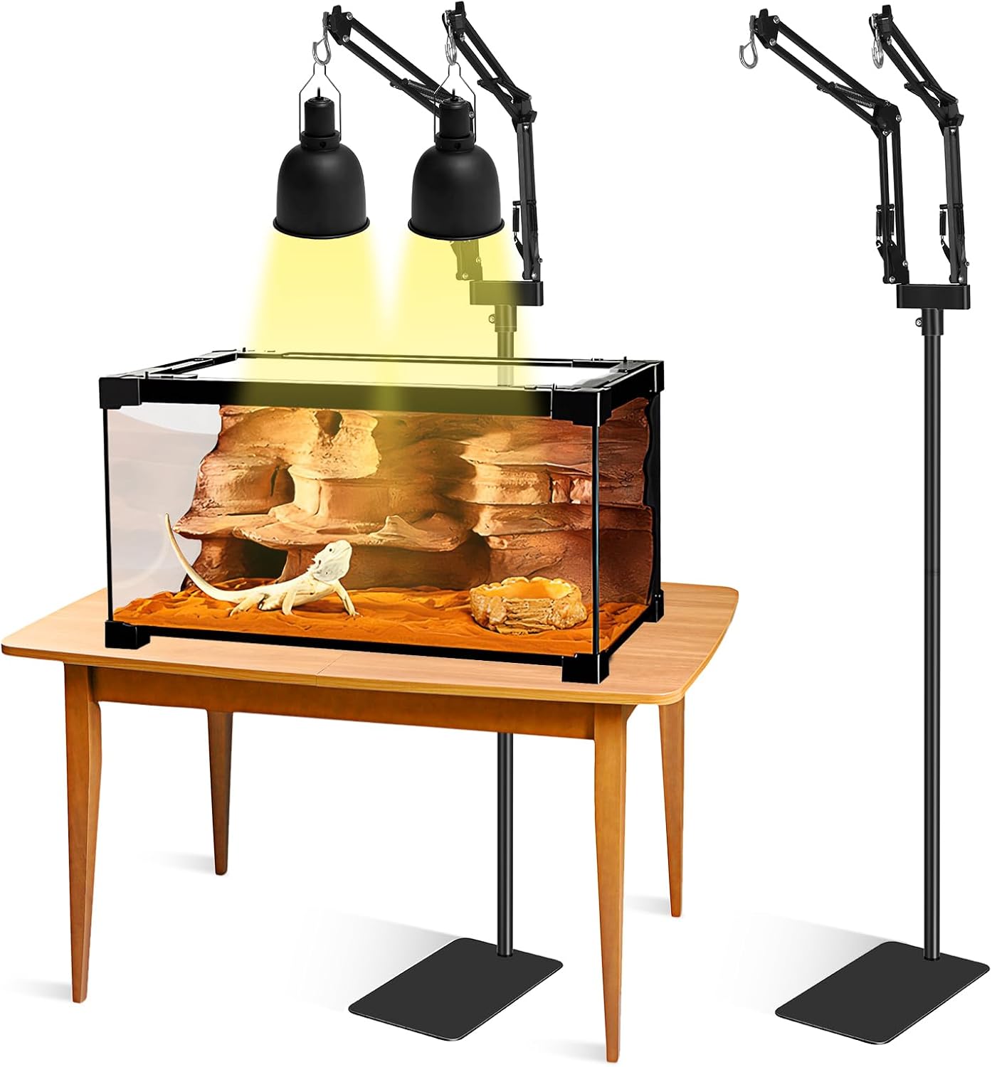 Dual Reptile Lamp Stand - Adjustable Height (15.7in to 74.3in) Metal Light Holder with 2 x 360° Adjustable Arms for Hanging Heat Lamp Fixture Dome Lampshades in Tank and Glass Terrarium