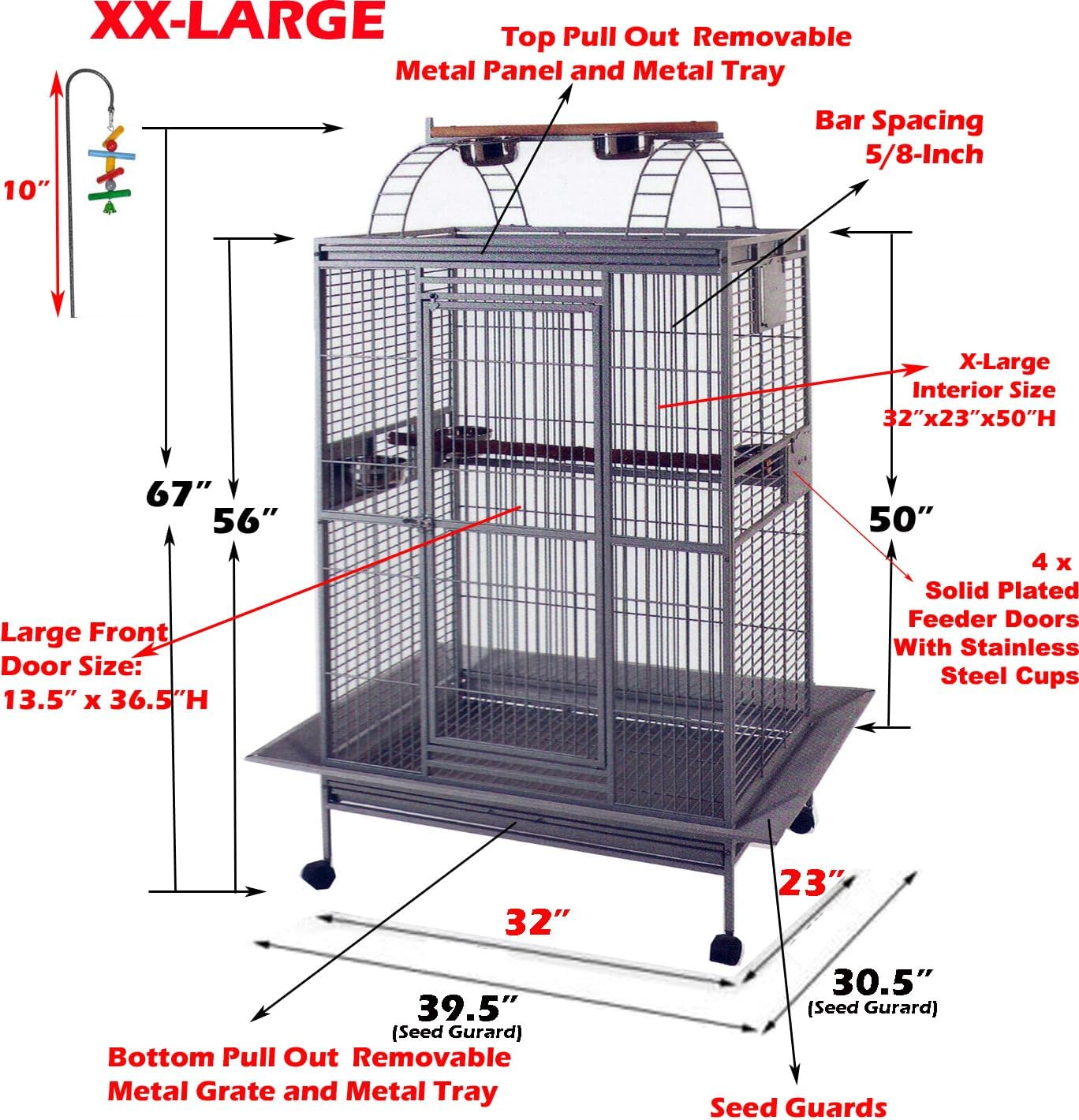 Extra Large Castle PlayTop Parrot Rolling Cage for Large Macaws Cockatoos African Grey Amazon (32" L x 23" W x 66" H WhiteVein)