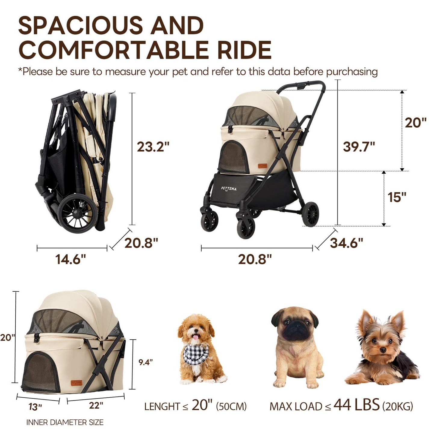 【One-Pull Open Ver.】 PETTENA Dog Stroller for Small Dogs, One-Touch Foldable Dog Stroller for Small/Medium Dogs Cats up to 44 Lbs, Khaki