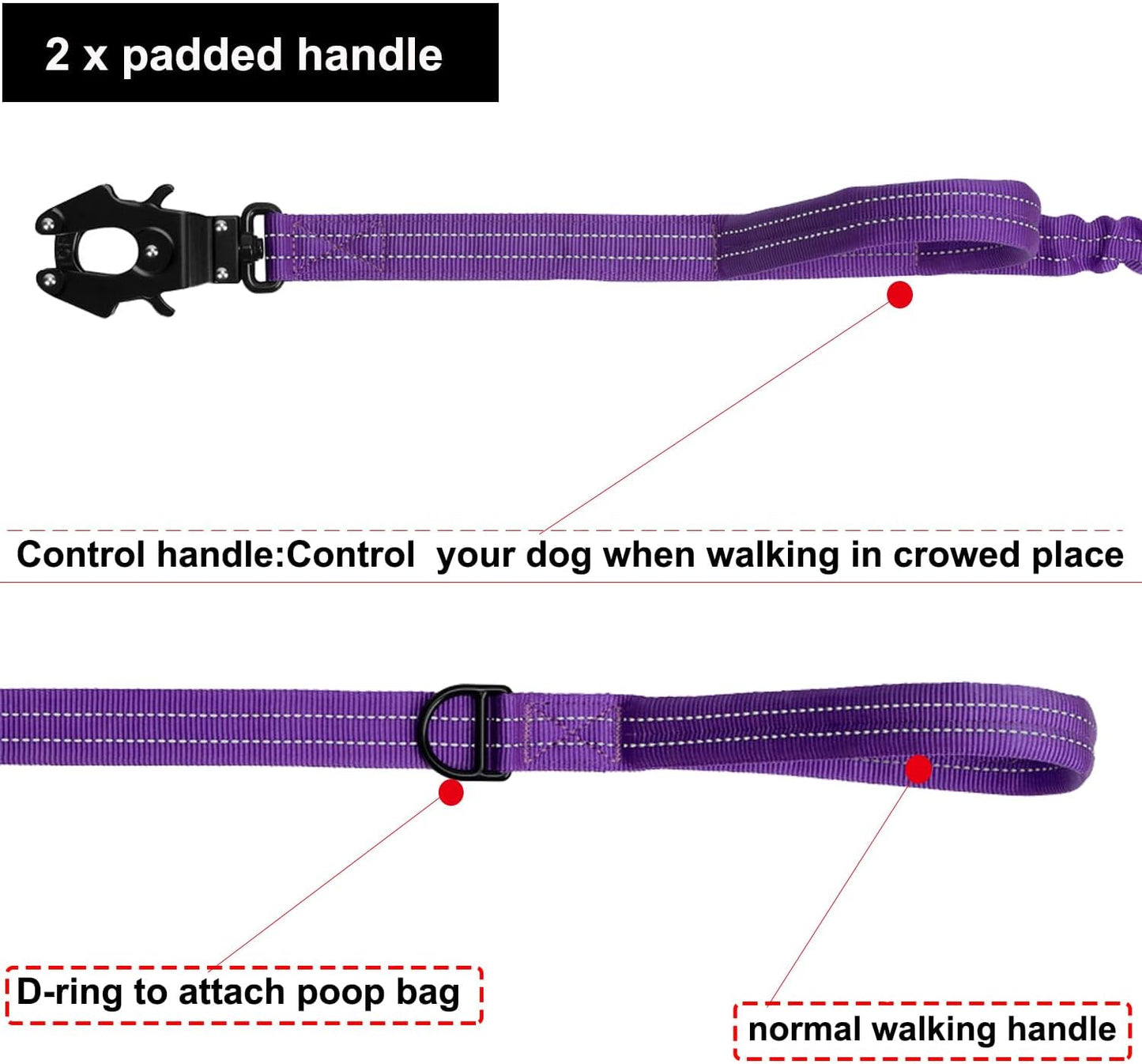 ICEFANG Tactical Dog Leash,K9 Training Walking Bungee Lead with 2 Control Handle,Heavy Duty Quick Release Metal Clasp,for Medium Large Breed (Reflective Purple, 6 FT)