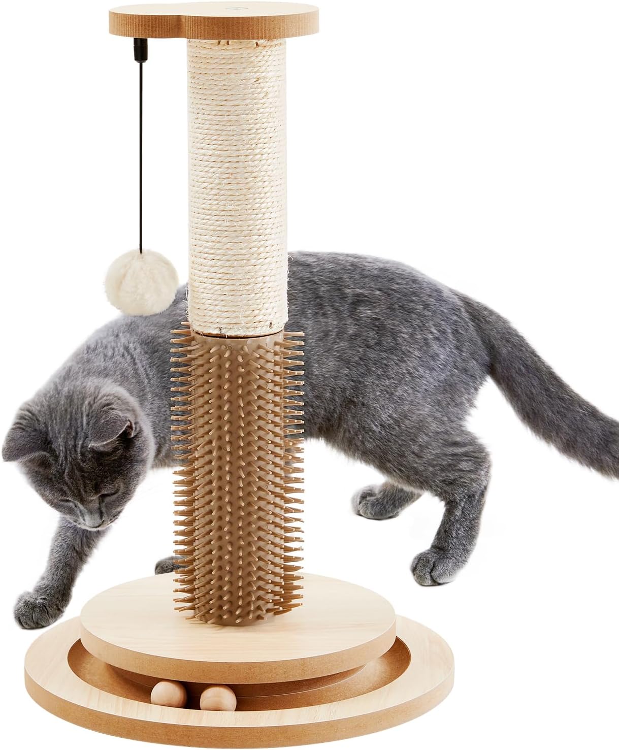 Made4Pets Cat Scratching Post 18" Tall for Small Kittens, 4-in-1 Cat Scratcher with Natural Sisal Ropes, Wooden Turntable Track Toy with Self Grooming Brush, Premium Scratch Pole with Plush Balls