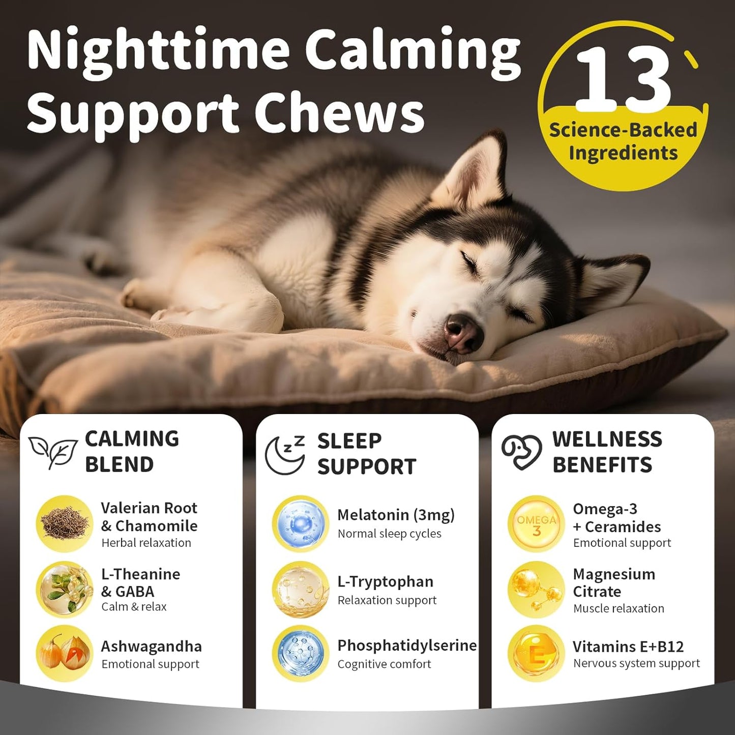 Melatonin for Dogs, Calming Chews with Valerian Root & L-Theanine for Sleep Aid & Emotional Support, Calming Treats for Stress Anxiety Relief, Thunder, Fireworks, Barking, Chicken Flavor, 90Ct