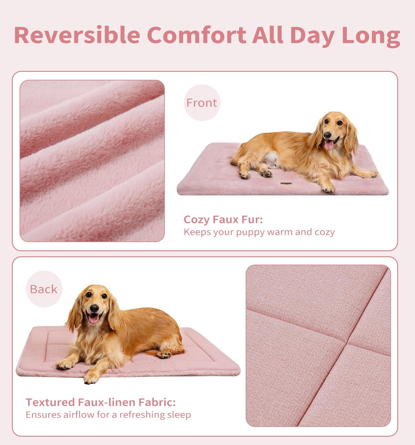 MADE 4 PETS Dog Crate Pad Bed for Small Dogs, Washable & Reversible, Anti-Slip Kennel Mat for Cozy Sleeping, Soft Fluffy Dog Bed for Indoor & Outdoor Use, 24"x18", Pink