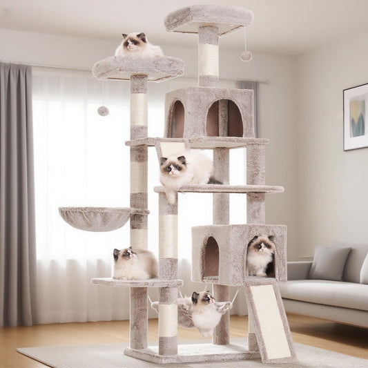 Cat Tree for Indoor Cats, 71'' (180cm) Multi-Level Cat Tower for Large Adult, Sturdy Cat Tree House with 2 Scratching Boards 7 Posts, 2 Plush Perches/Condos, Hammock, Muchroom GCT032MU