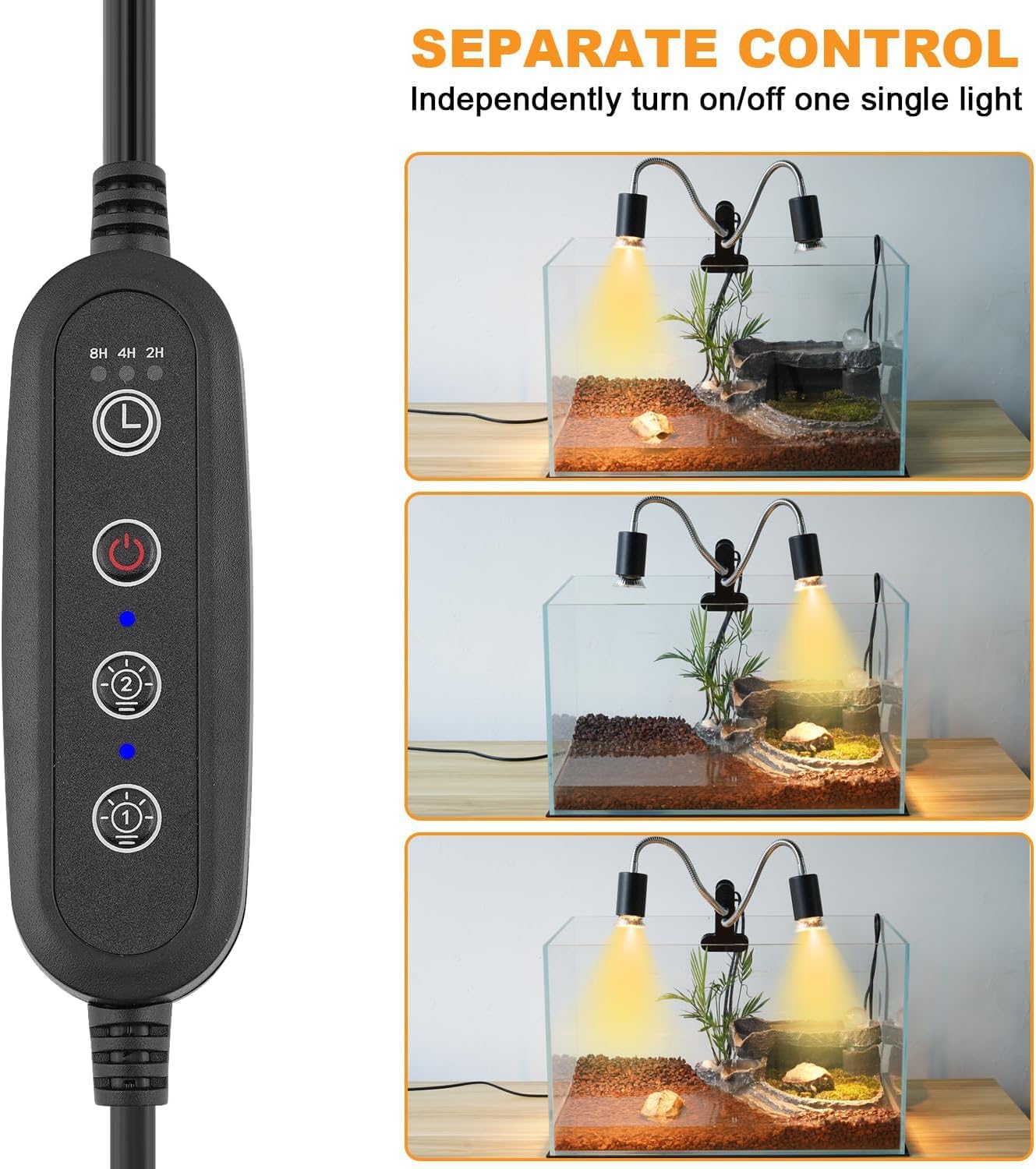 Reptile Heat Lamp, Dual-Head UVA UVB Reptile Light, Heating Lamp with Cycle Timer, Heat Lamp for Reptiles Bearded Dragon Turtle Crab Snake Lizard, Separate Control, 3 Basking Bulbs Light