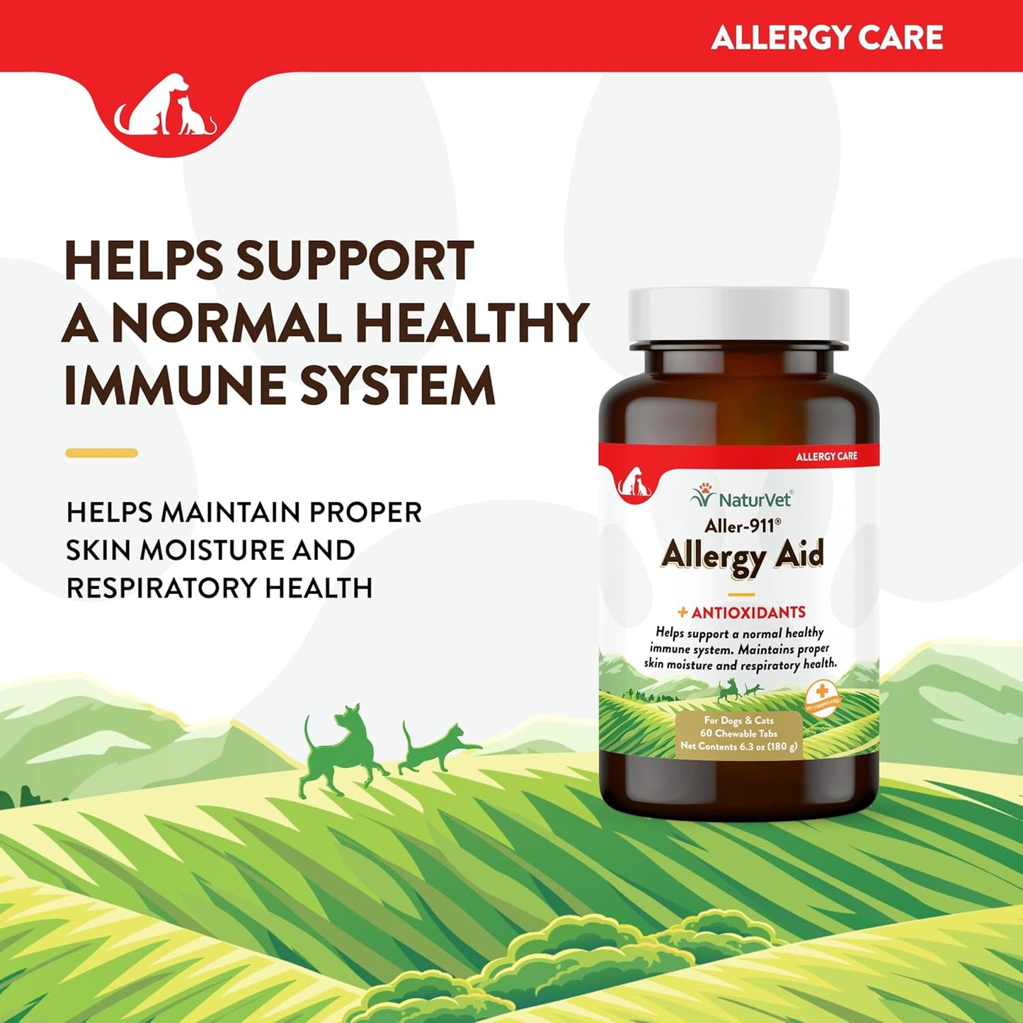NaturVet Aller-911 Advanced Allergy Aid for Dogs, Cats – Antioxidant-Rich Pet Supplement with Omegas, DHA, EPA – Helps Support Dog Immune System, Cat Respiratory Health, Skin Moisture 60 Ct.