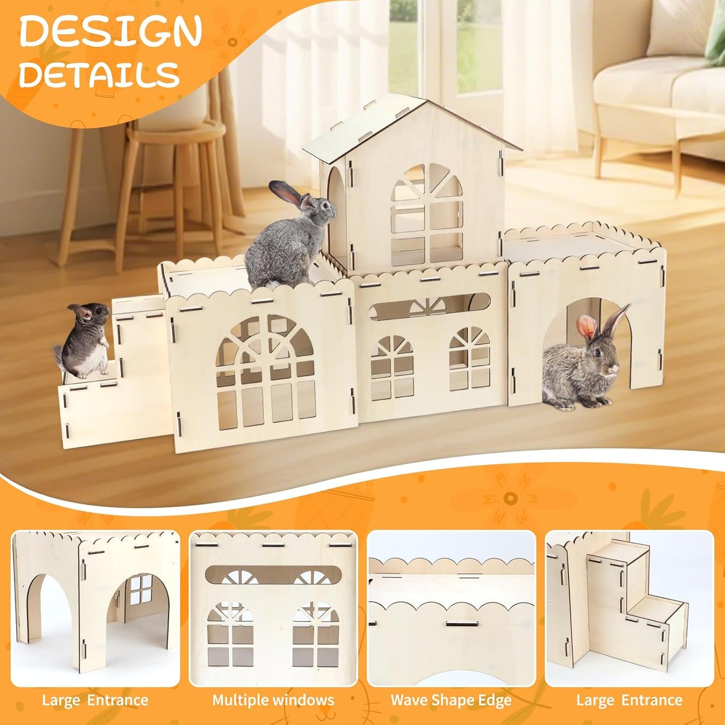 Extra Large Bunny Castle Hideout, Wooden Bunny House and Hideouts Detachable Rabbits Hideaway, Indoor Rabbit Castles Sturdy Small Animal Play Hideaway Hut for Rabbits, Guinea Pigs, Chinchillas