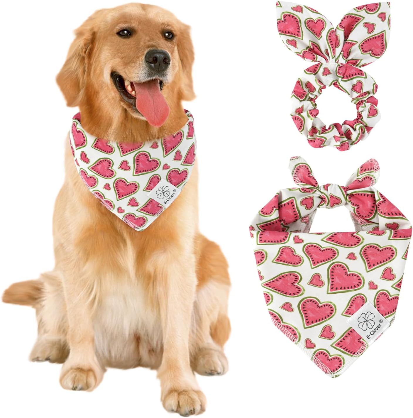 E-Clover Pink Watermelon Dog Bandanas & Matching Scrunchie Set Cute Heart Dog Scarf Bibs Pet Bandana with Bow Tie for Medium Large Dogs Owner Mom Spring Summer